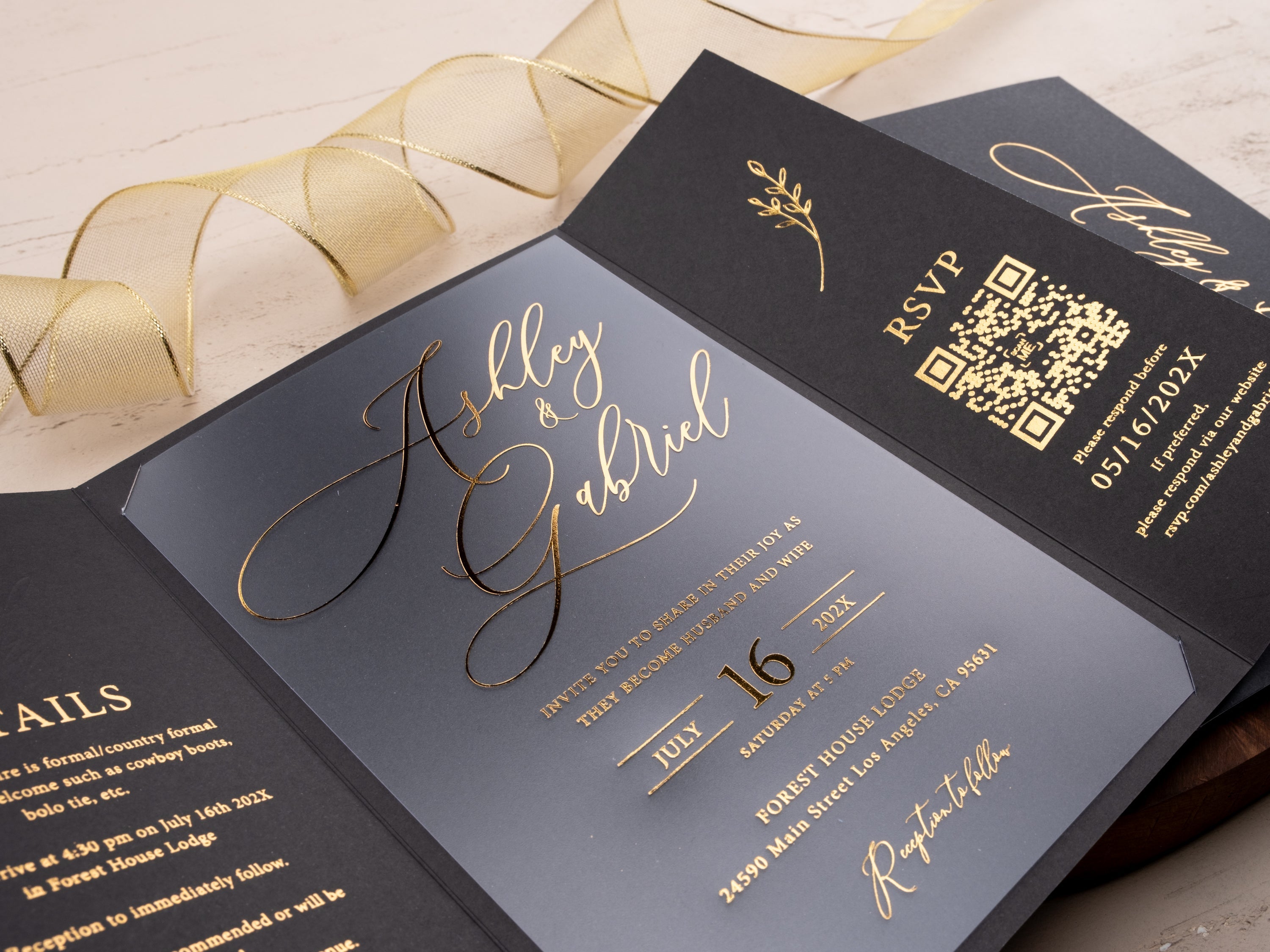 Luxury Black & Gold Wedding Invitation Suite with Wax Seal