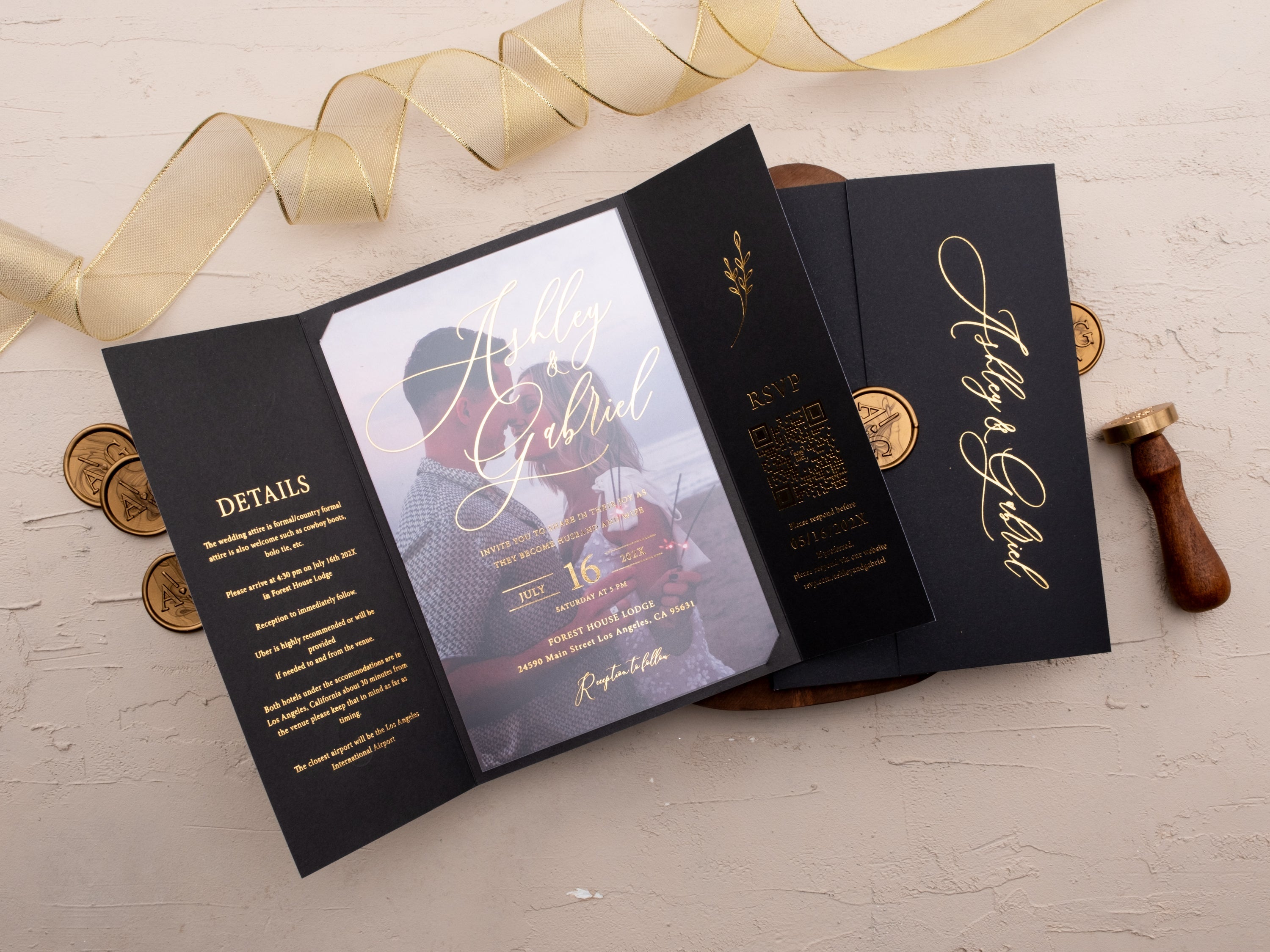 Luxury Black & Gold Wedding Invitation Suite with Wax Seal