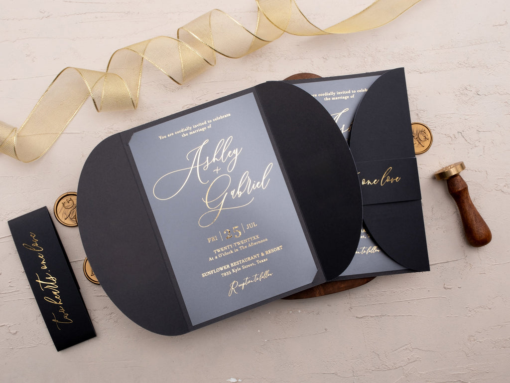 Matte Black Acrylic Wedding Invitation with Gold Foil – Elegant Modern Design