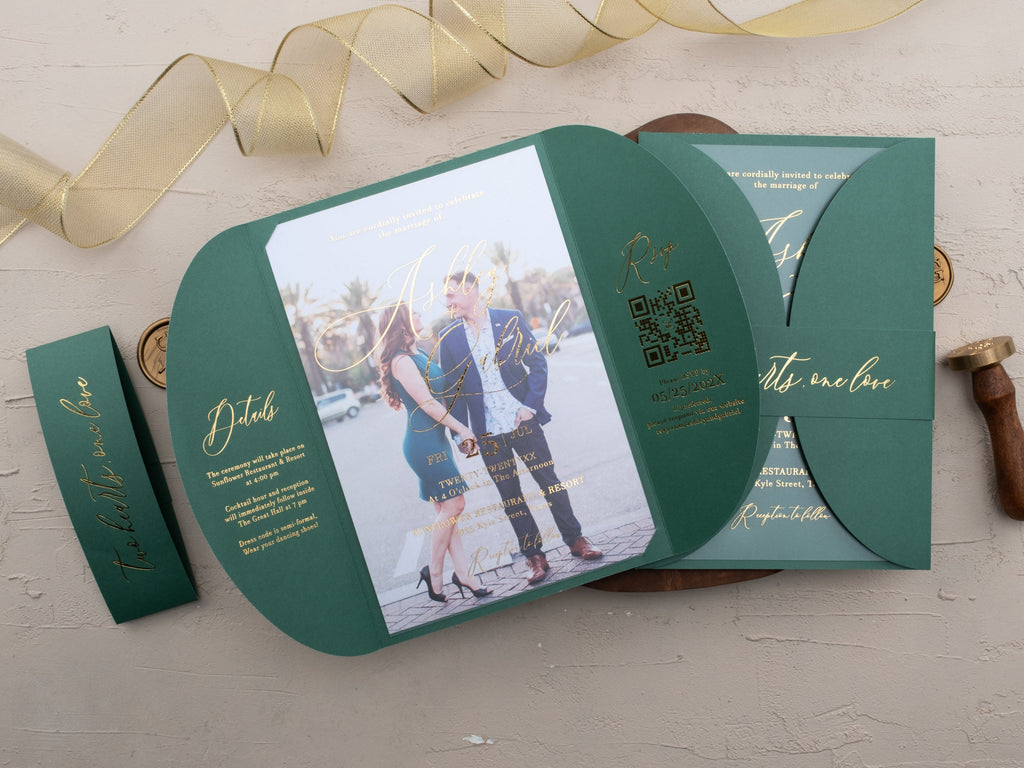 Emerald Green Acrylic Wedding Invitation with Gold Foil & Jacket