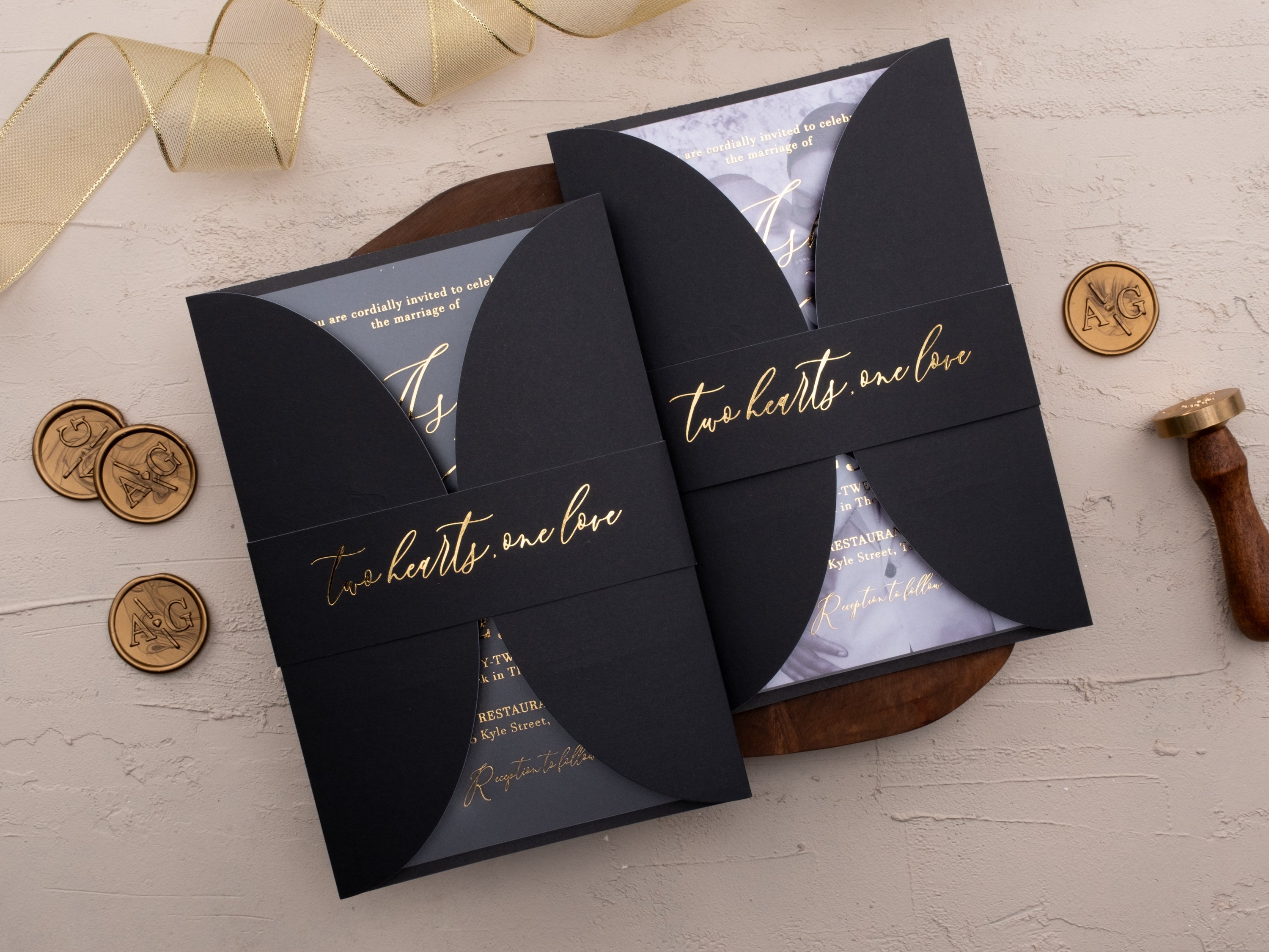 Matte Black Acrylic Wedding Invitation with Gold Foil – Elegant Modern Design