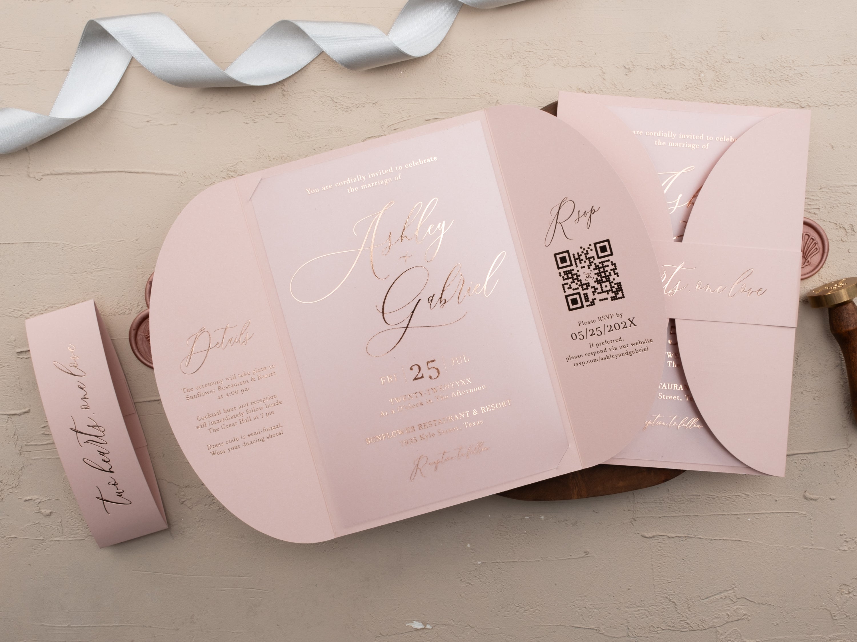 Acrylic Blush Pink Wedding Invitation with Rose Gold Foil & Jacket