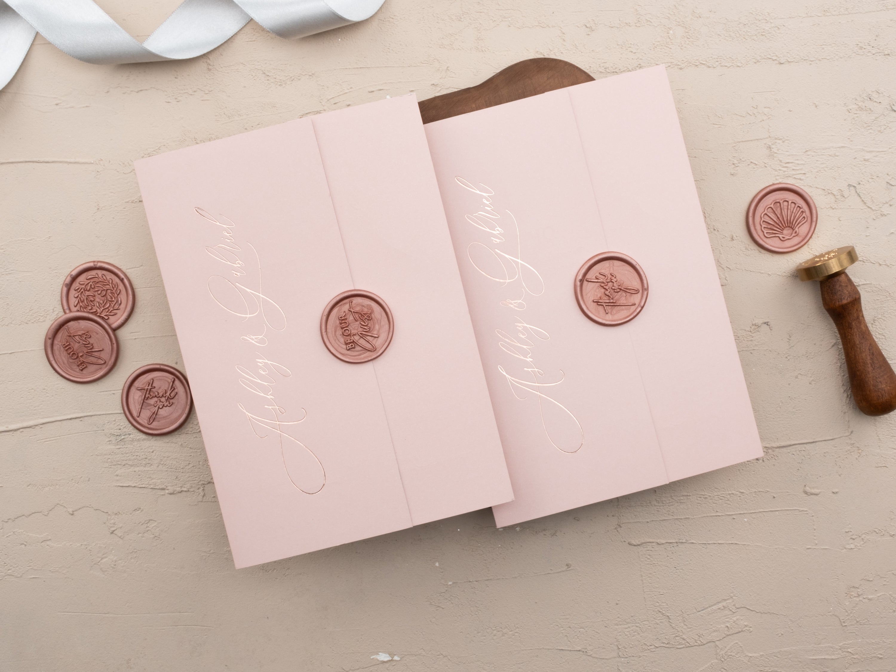 Luxury Blush Pink & Rose Gold Acrylic Wedding Invitation with Wax Seal