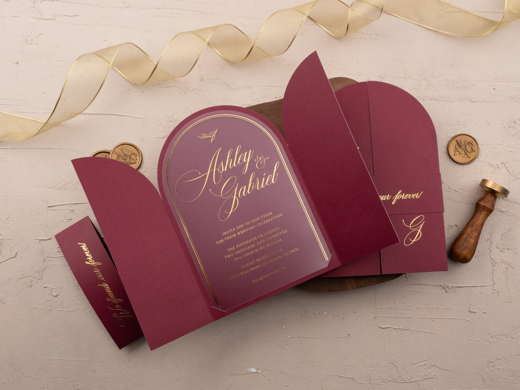 Burgundy Gold Foil Arch Wedding Invitation Set