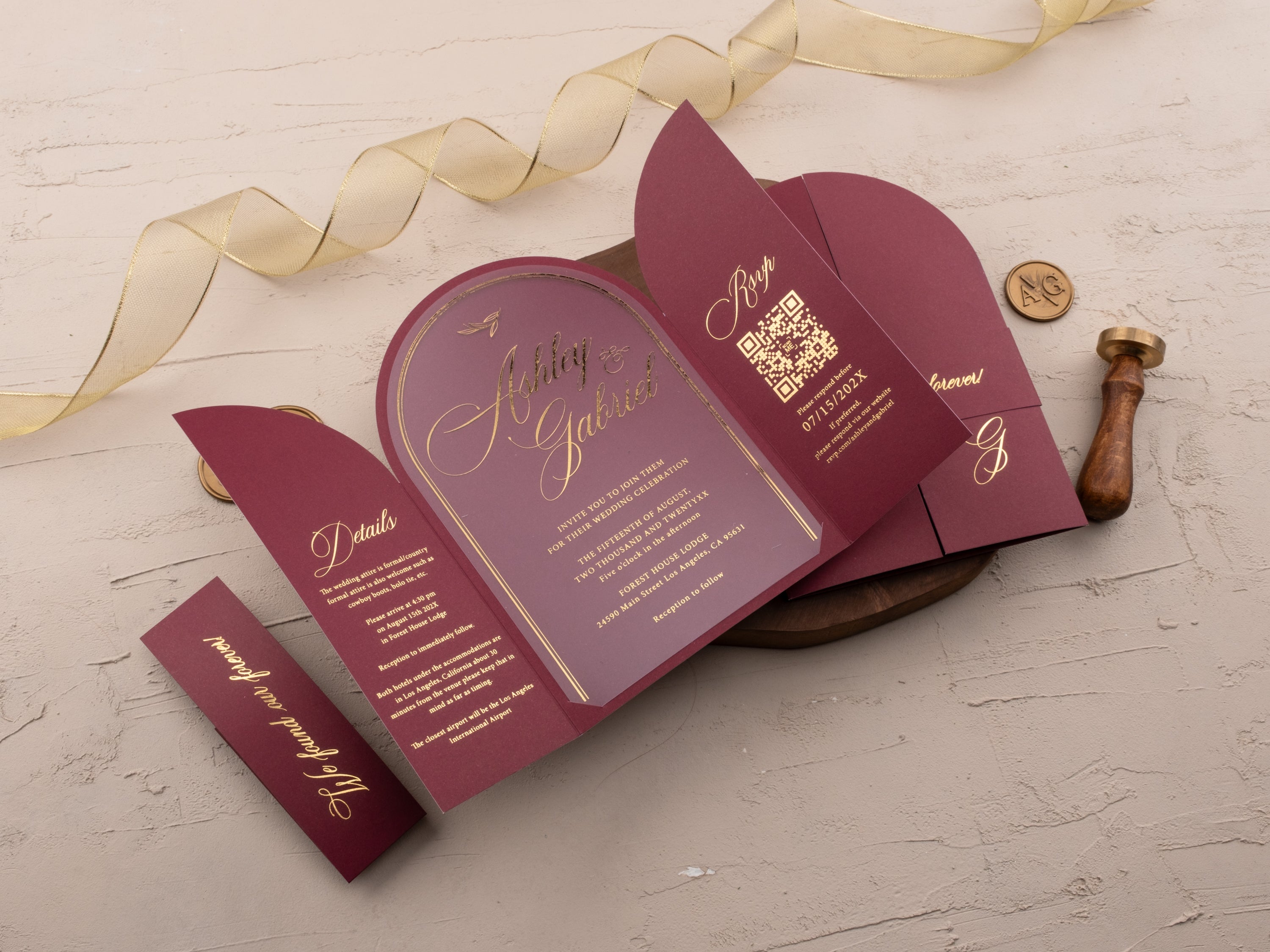 Burgundy Gold Foil Arch Wedding Invitation Set