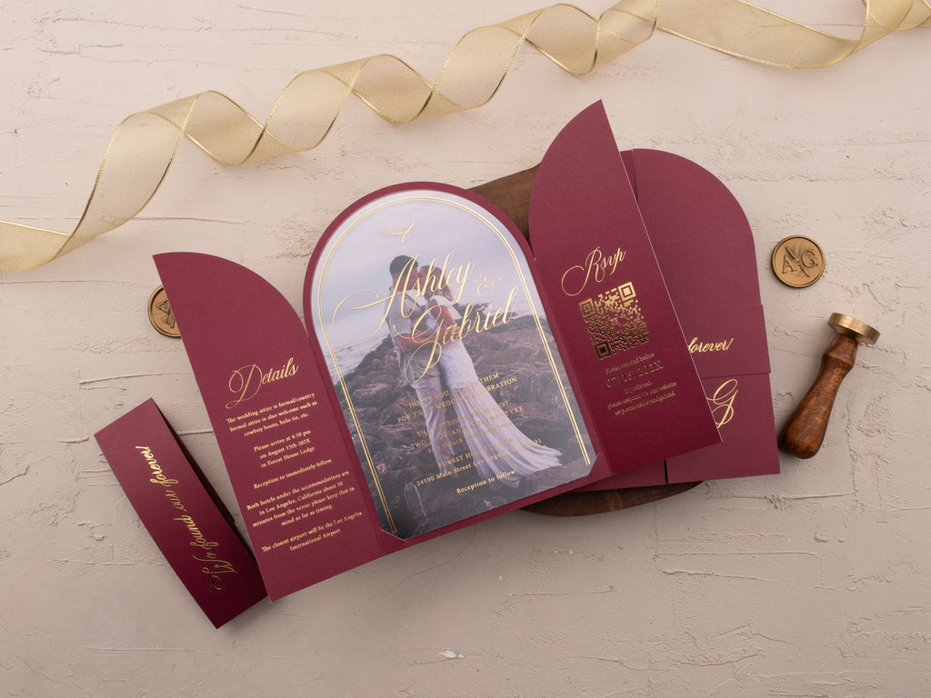 Burgundy Gold Foil Arch Wedding Invitation Set
