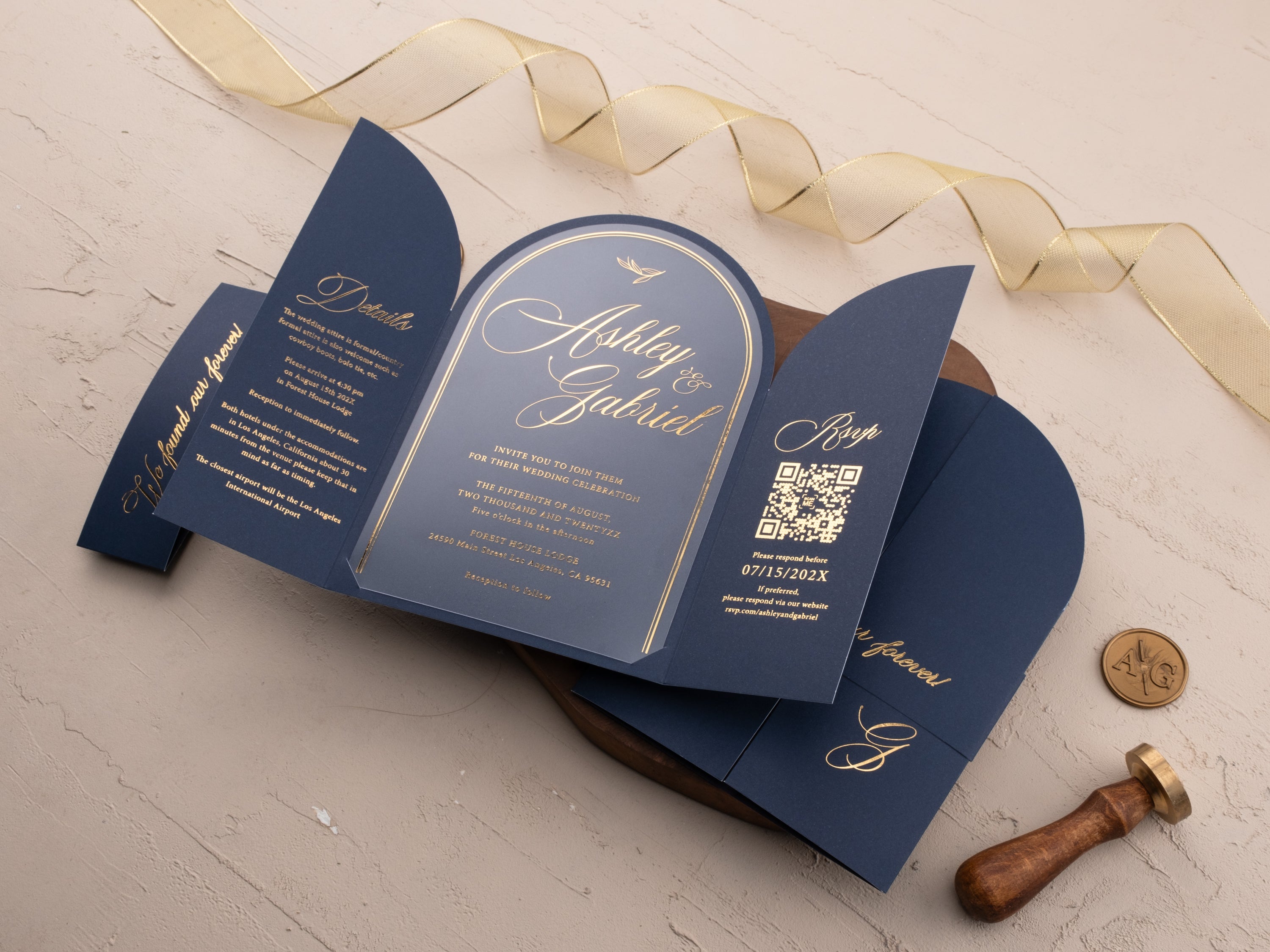 Navy Blue Arch Acrylic Wedding Invitation | Elegant Gold Foil Print