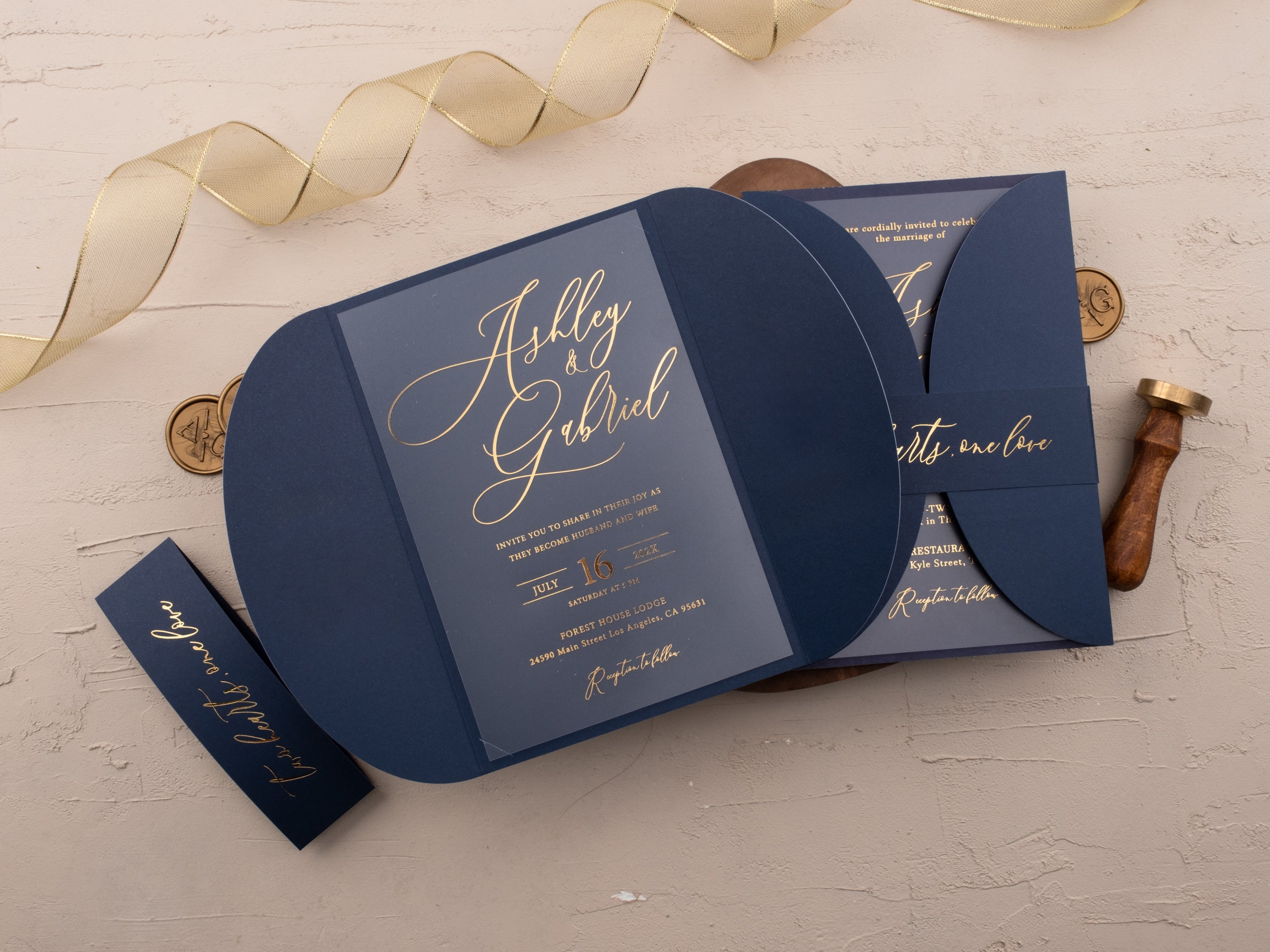 Navy Acrylic Wedding Invitation with Gold Foil & Curved Jacket