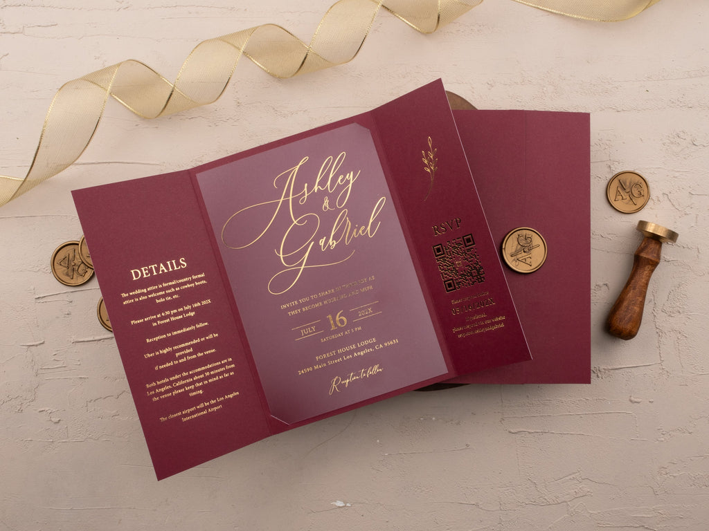 Luxury Burgundy & Gold Acrylic Wedding Invitation with Wax Seal