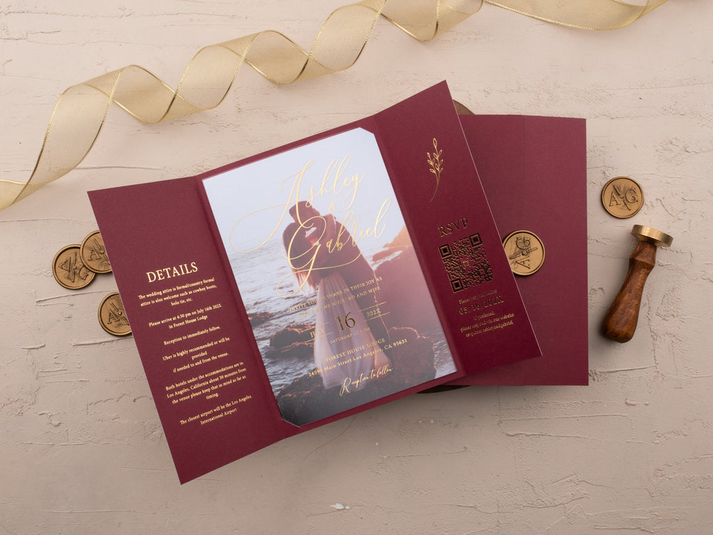 Luxury Burgundy & Gold Acrylic Wedding Invitation with Wax Seal