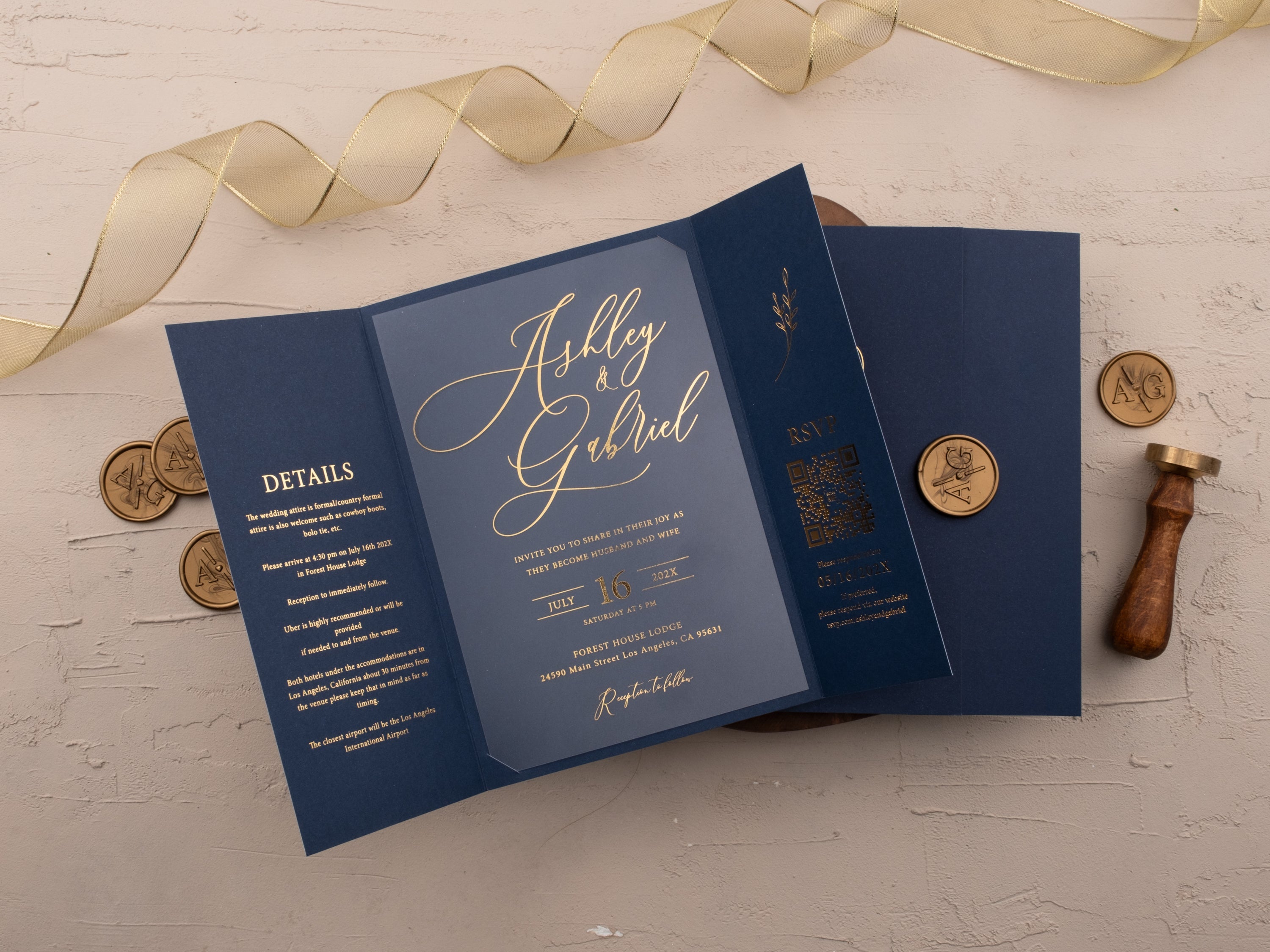 Luxury Navy Blue & Gold Acrylic Wedding Invitation with Wax Seal