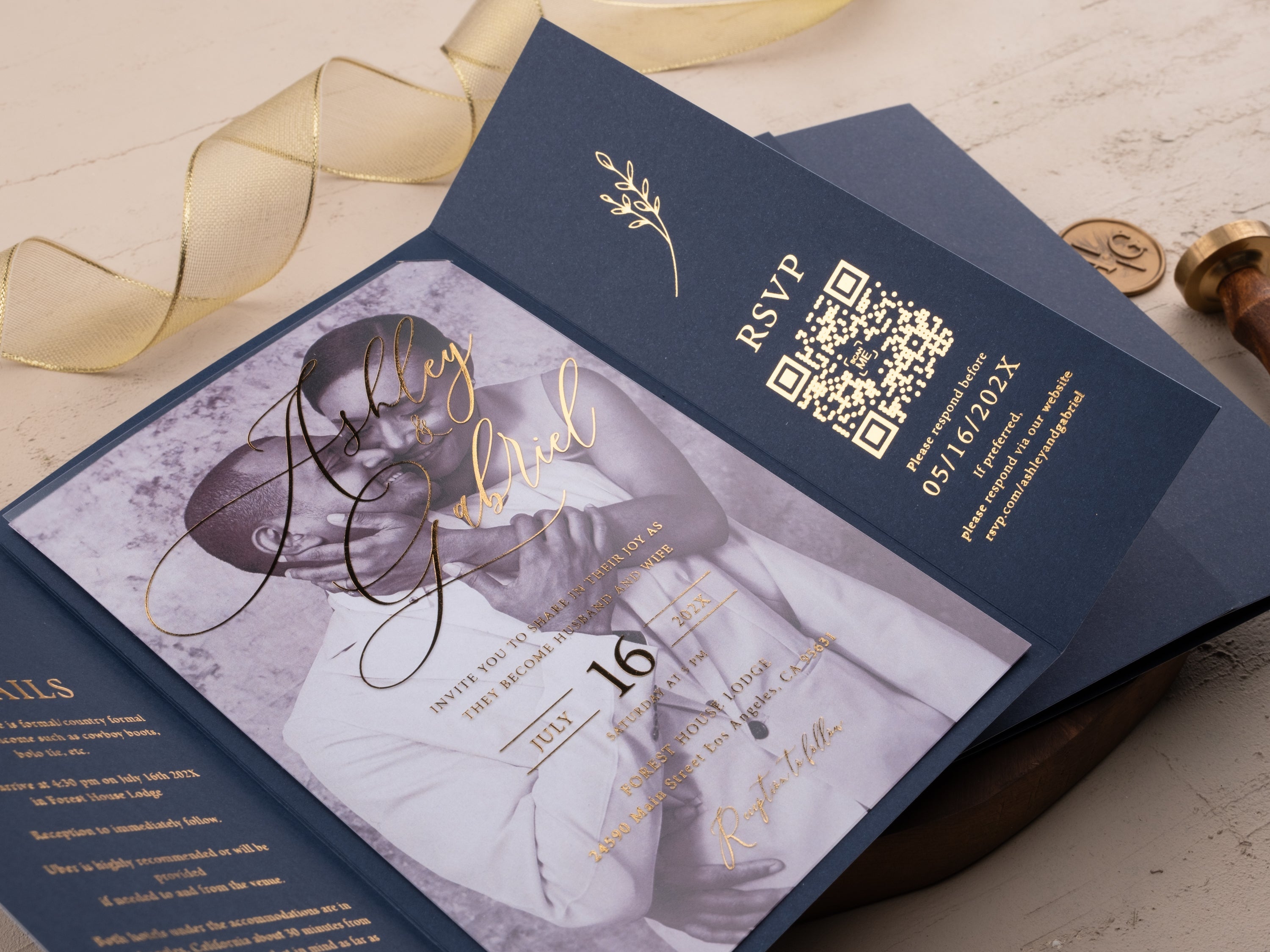 Luxury Navy Blue & Gold Acrylic Wedding Invitation with Wax Seal