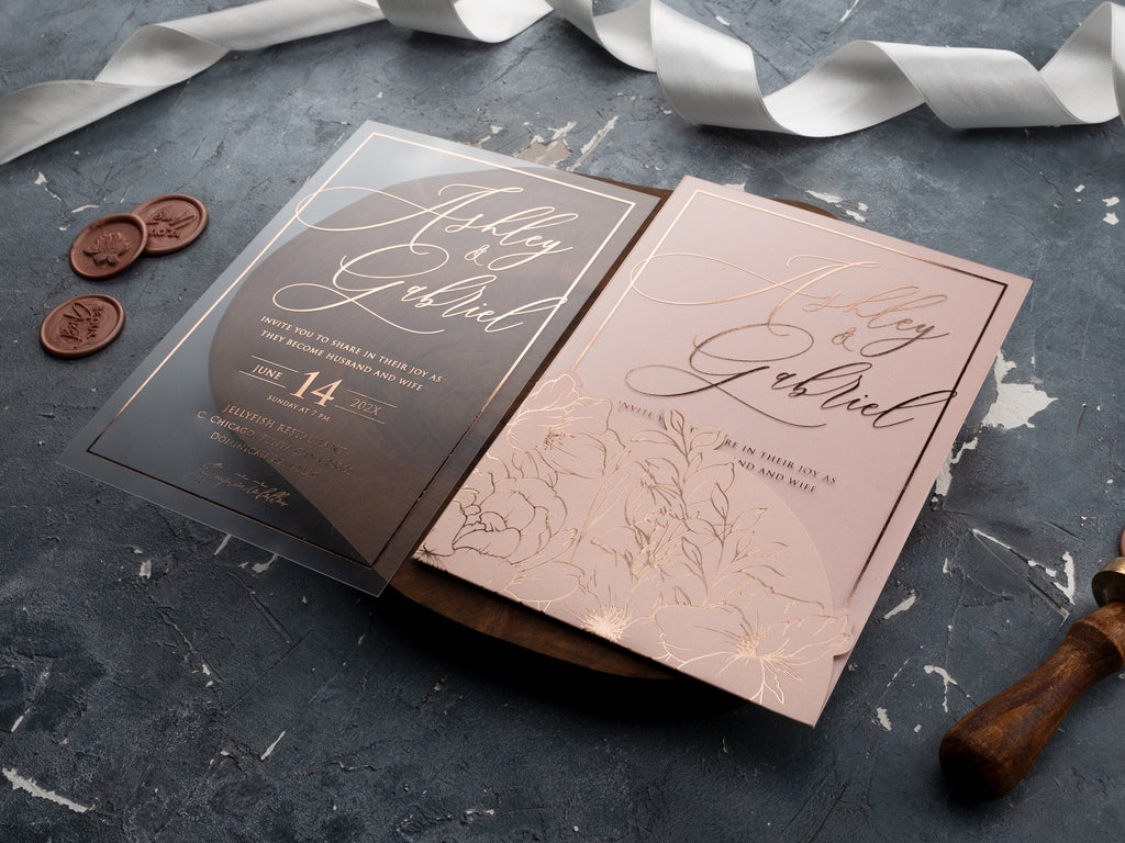 Blush Pink Acrylic Wedding Invitation with Rose Gold Foil