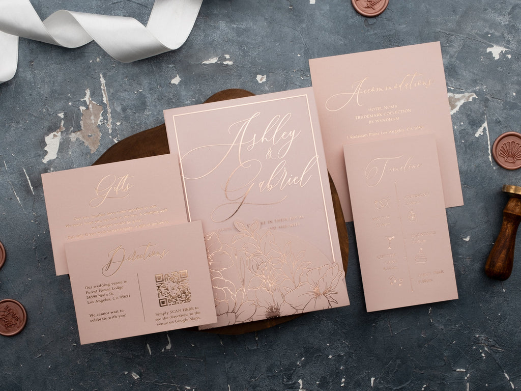 Blush Pink Acrylic Wedding Invitation with Rose Gold Foil