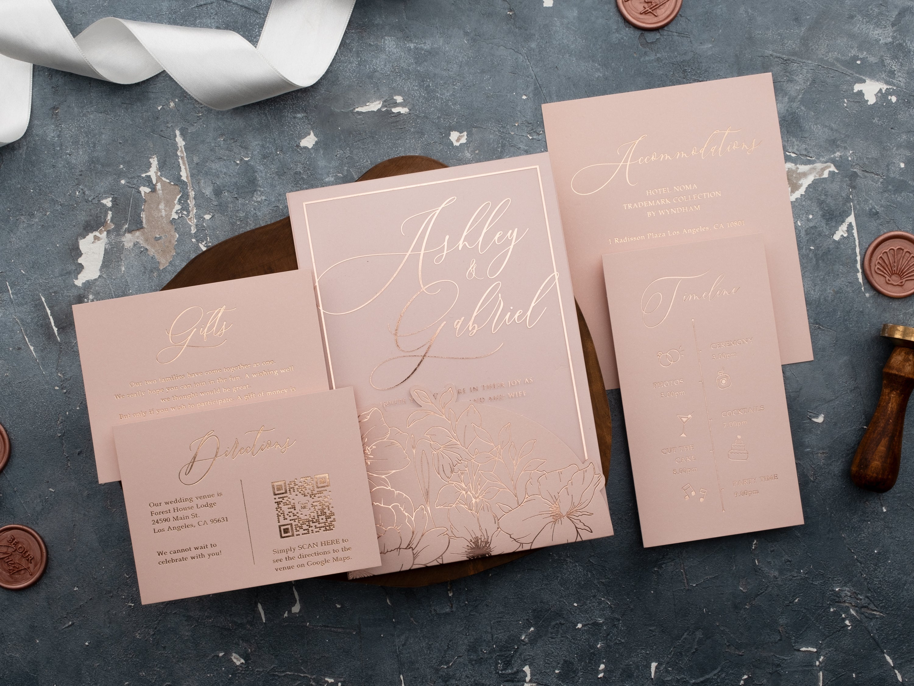 Blush Pink Acrylic Wedding Invitation with Rose Gold Foil