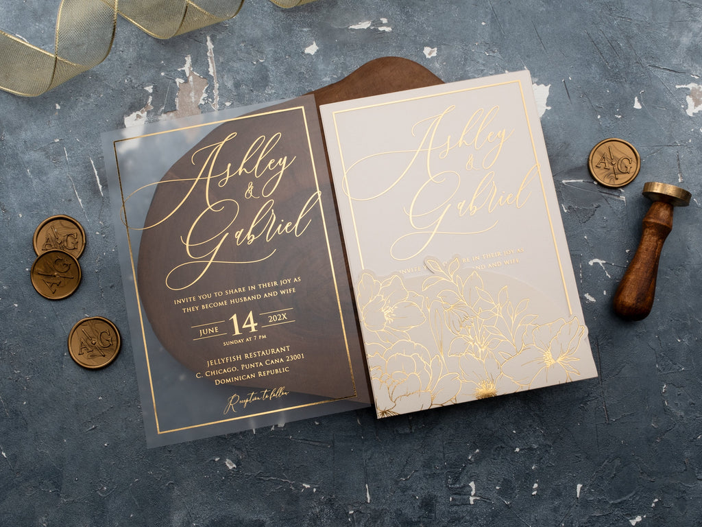 Ivory & Gold Acrylic Wedding Invitation with Floral Envelope