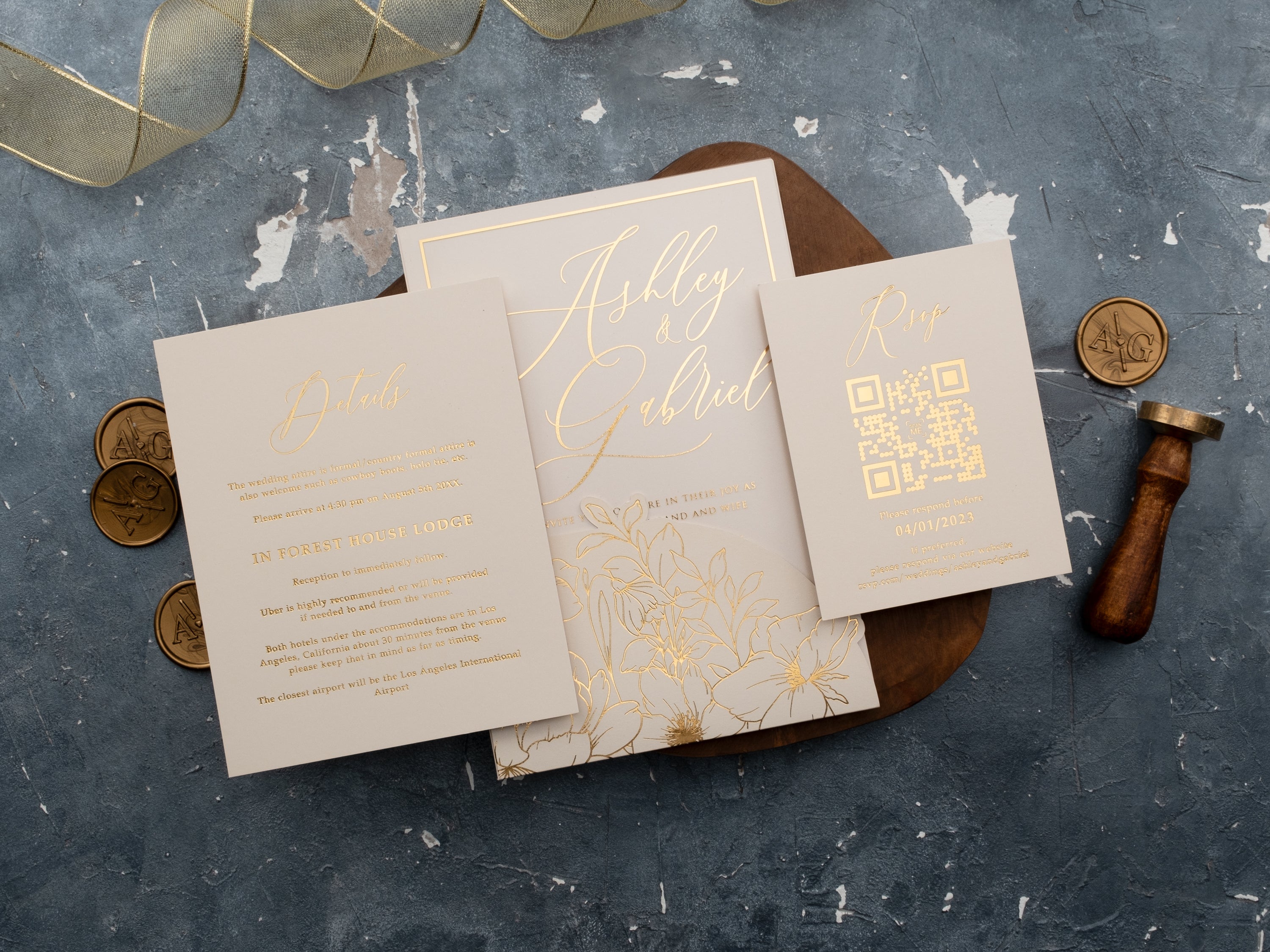 Ivory & Gold Acrylic Wedding Invitation with Floral Envelope