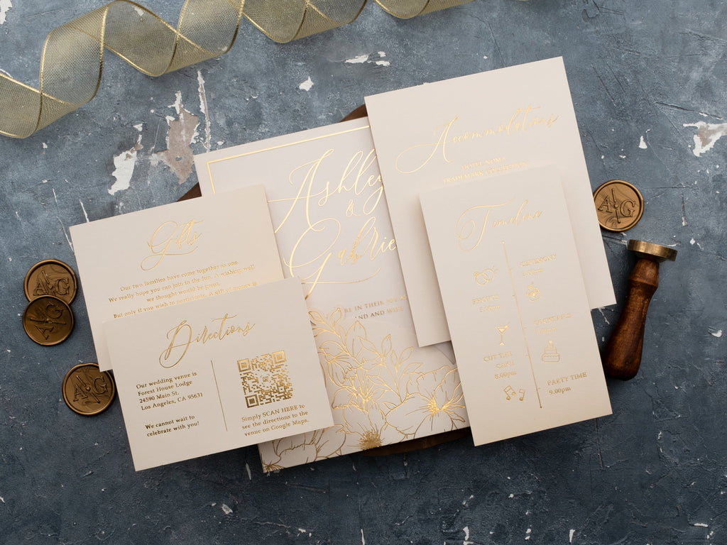 Ivory & Gold Acrylic Wedding Invitation with Floral Envelope