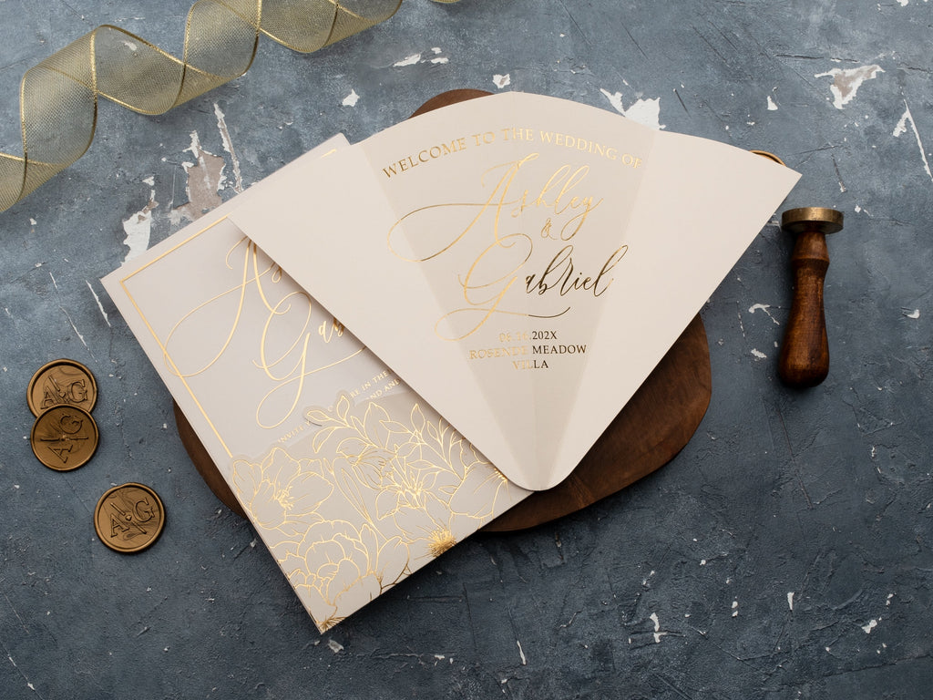 Ivory & Gold Acrylic Wedding Invitation with Floral Envelope