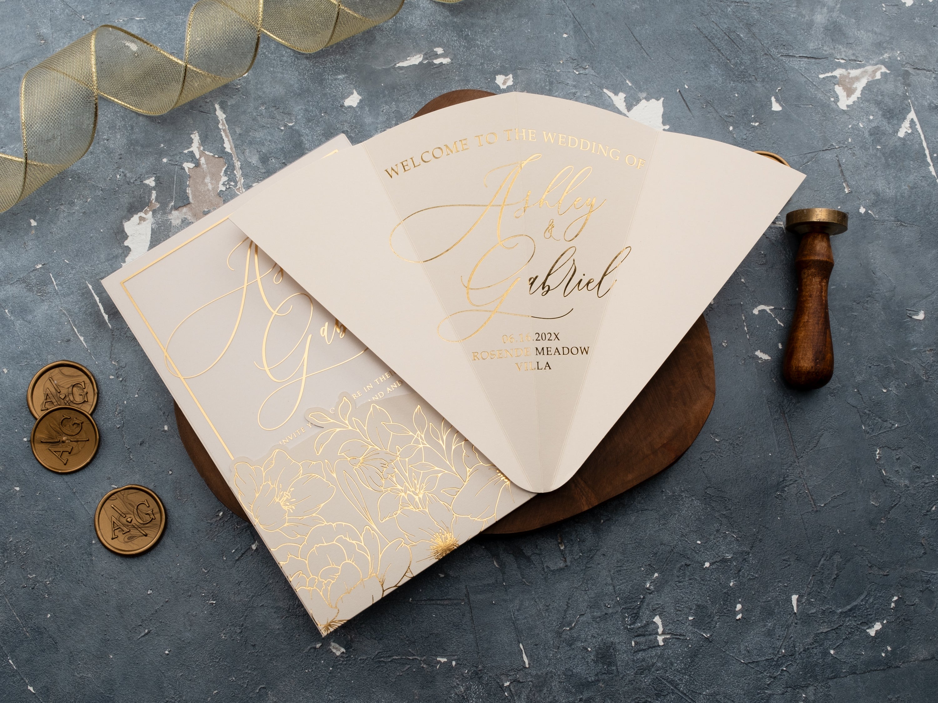 Ivory & Gold Acrylic Wedding Invitation with Floral Envelope
