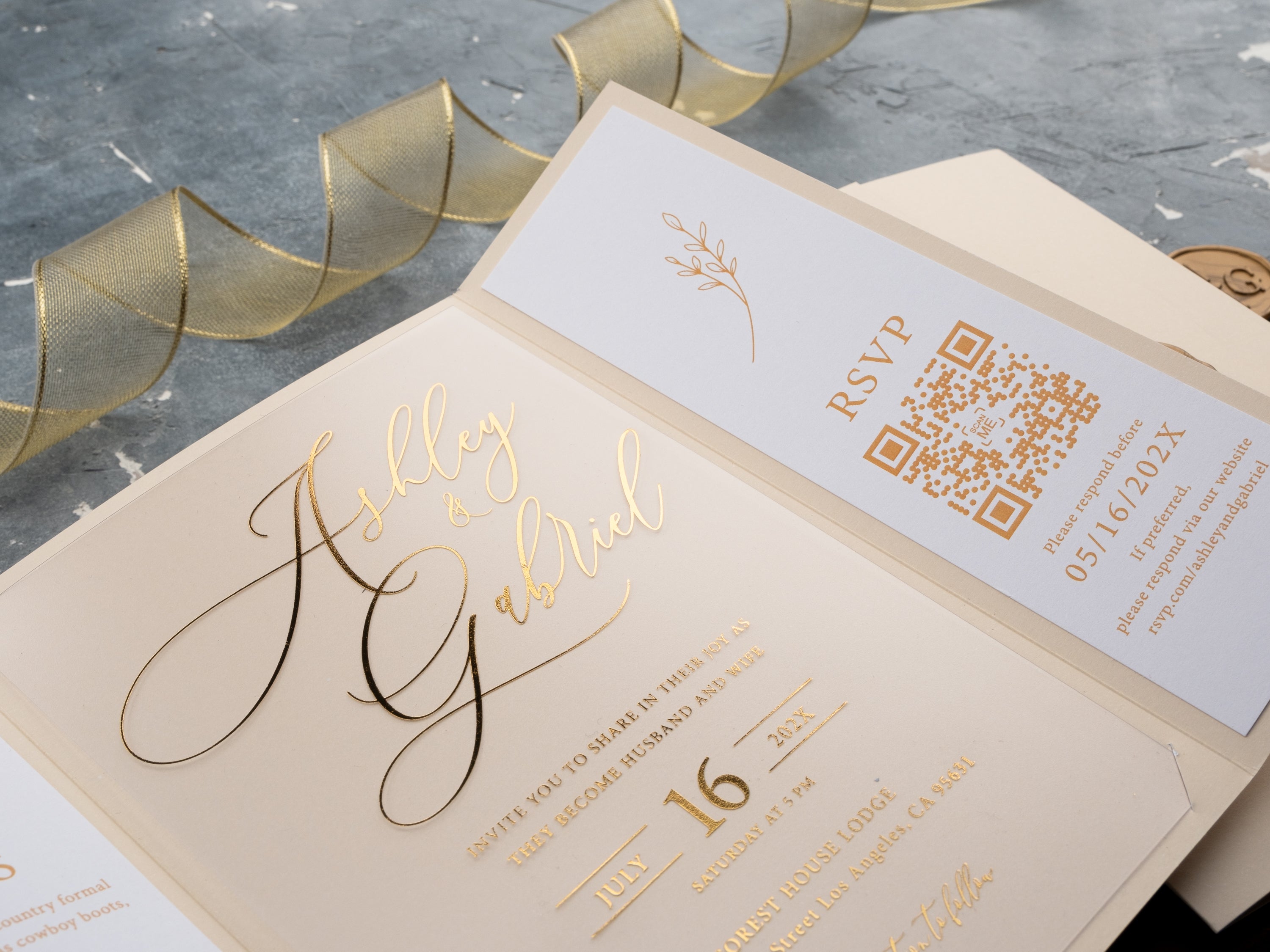Acrylic Ivory Wedding Invitation with Gold Foil & Wax Seal