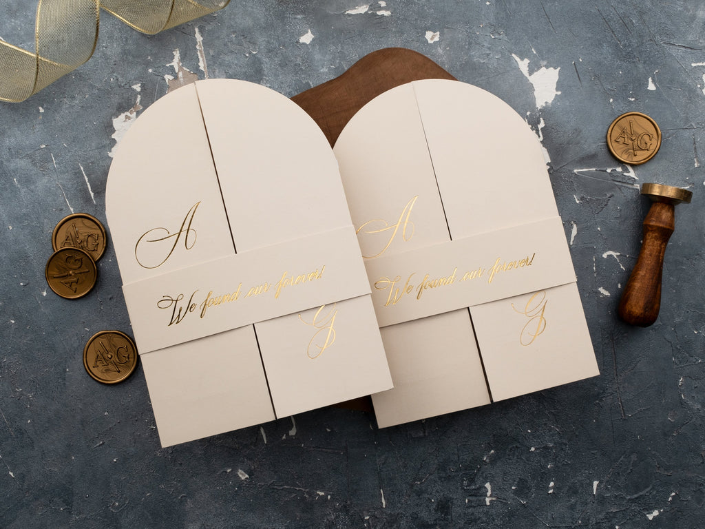 Arch Acrylic Wedding Invitation with Ivory Jacket & Gold Foil