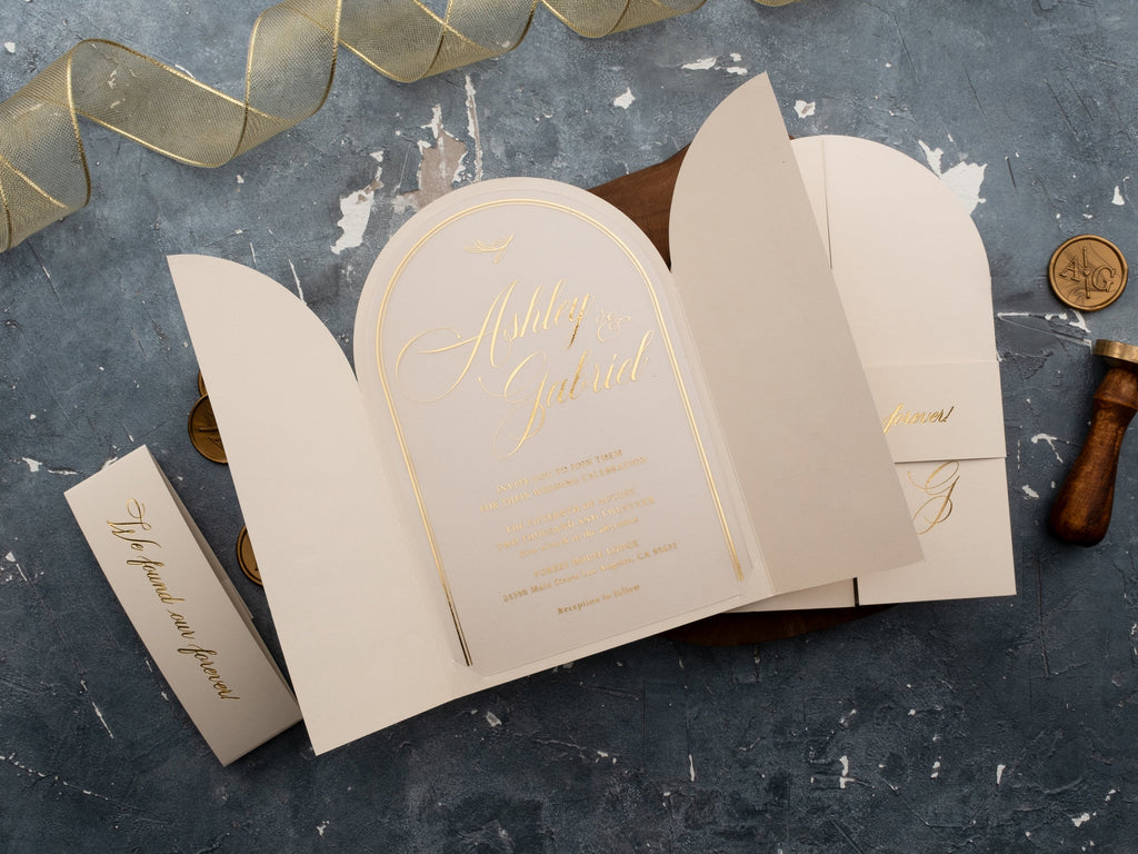 Arch Acrylic Wedding Invitation with Ivory Jacket & Gold Foil