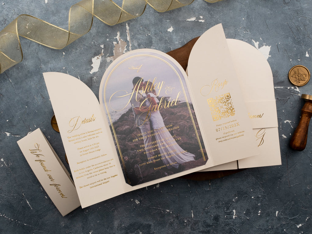 Arch Acrylic Wedding Invitation with Ivory Jacket & Gold Foil