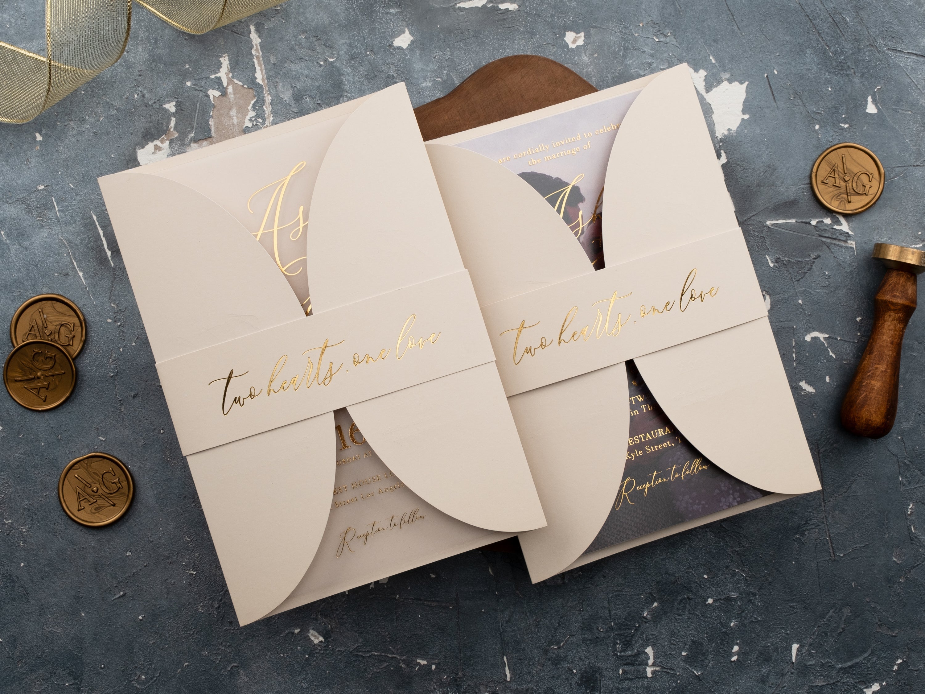 Ivory Acrylic Wedding Invitation with Gold Foil & Curved Jacket