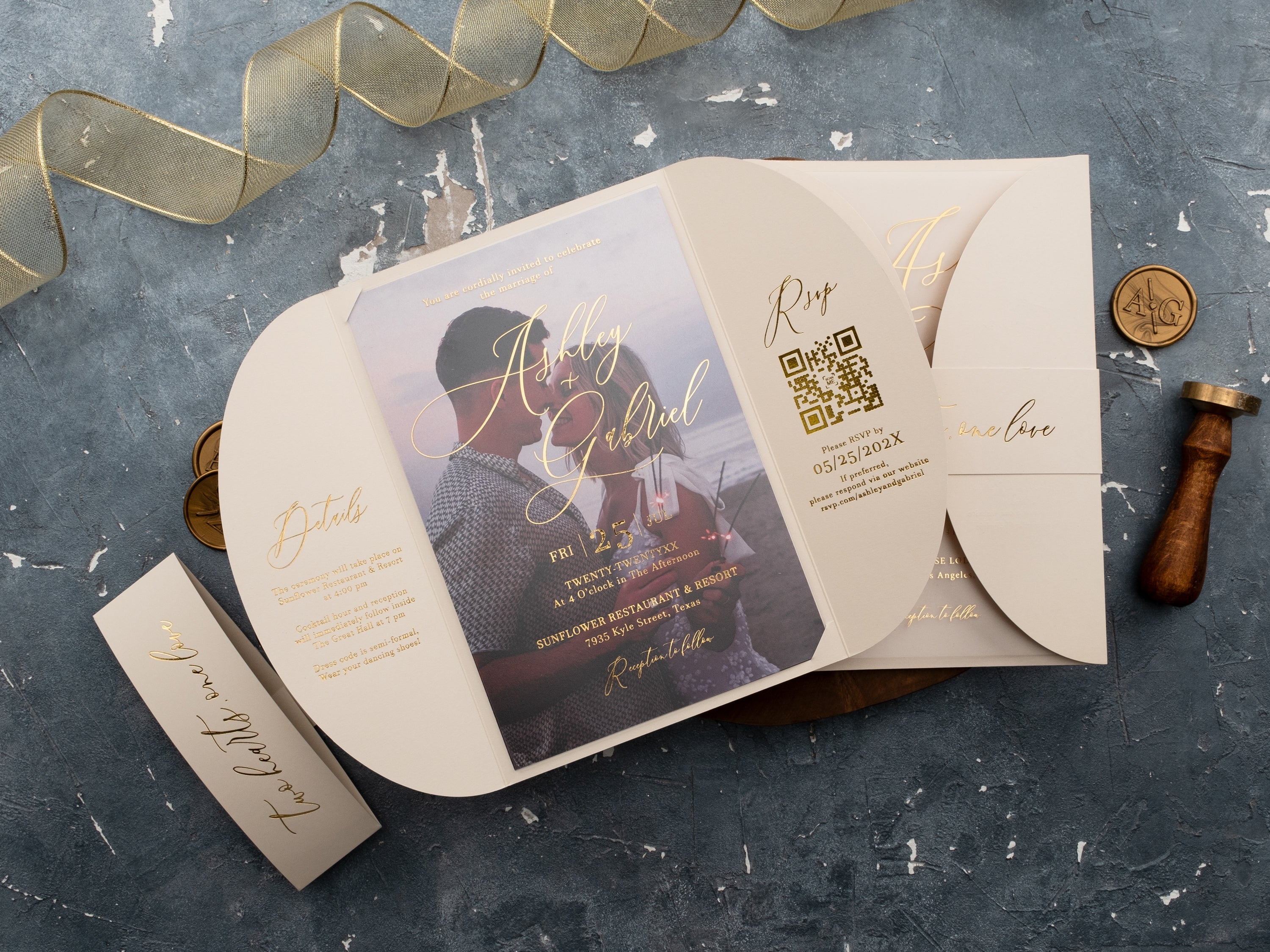 Ivory Acrylic Wedding Invitation with Gold Foil & Curved Jacket