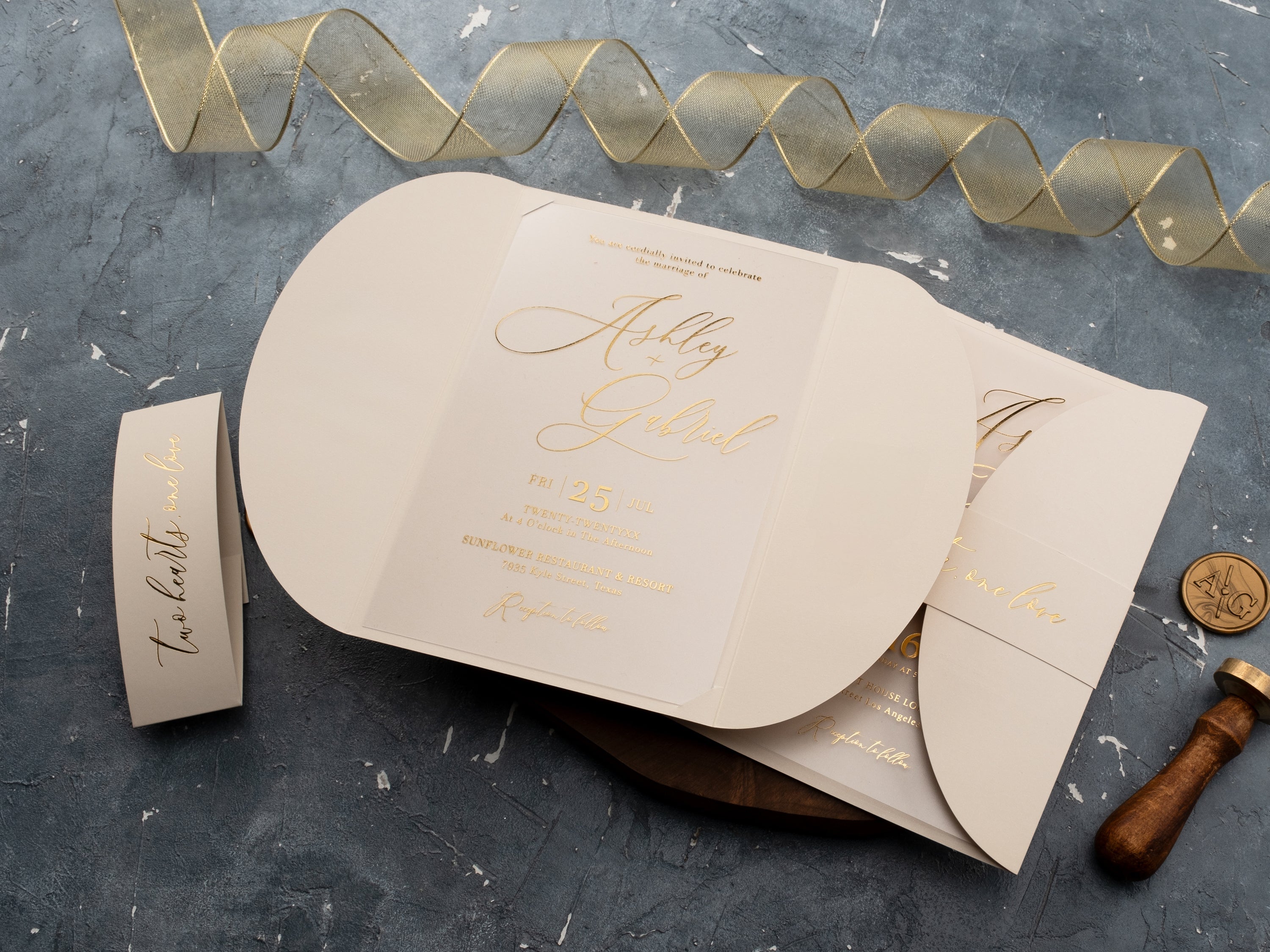 Ivory Acrylic Wedding Invitation with Gold Foil & Curved Jacket