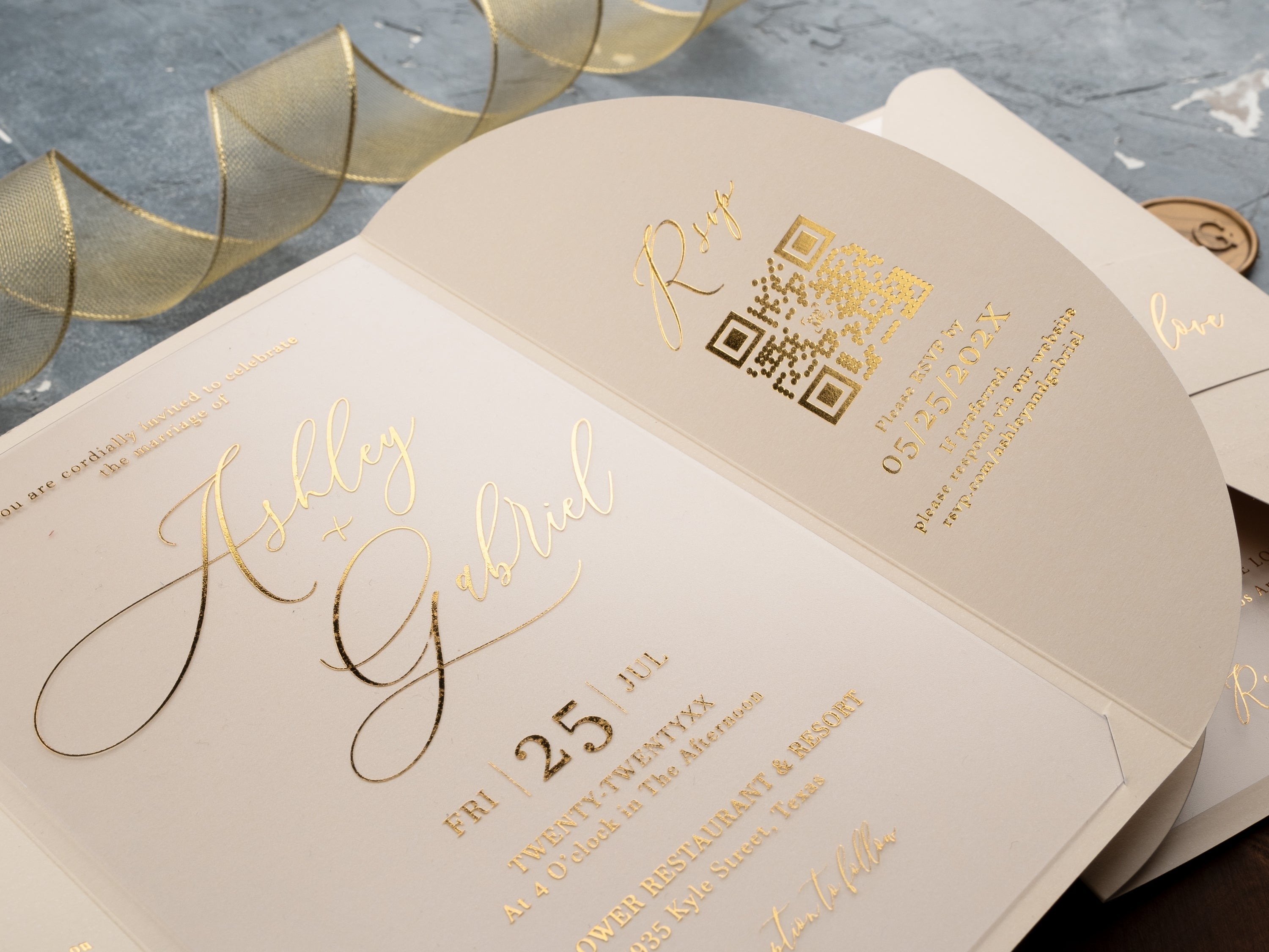 Ivory Acrylic Wedding Invitation with Gold Foil & Curved Jacket