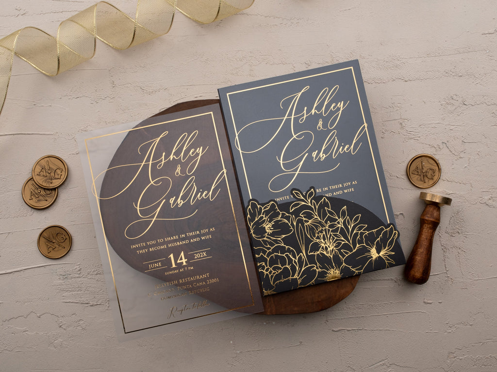 Black Acrylic Wedding Invitation with Gold Foil & Floral