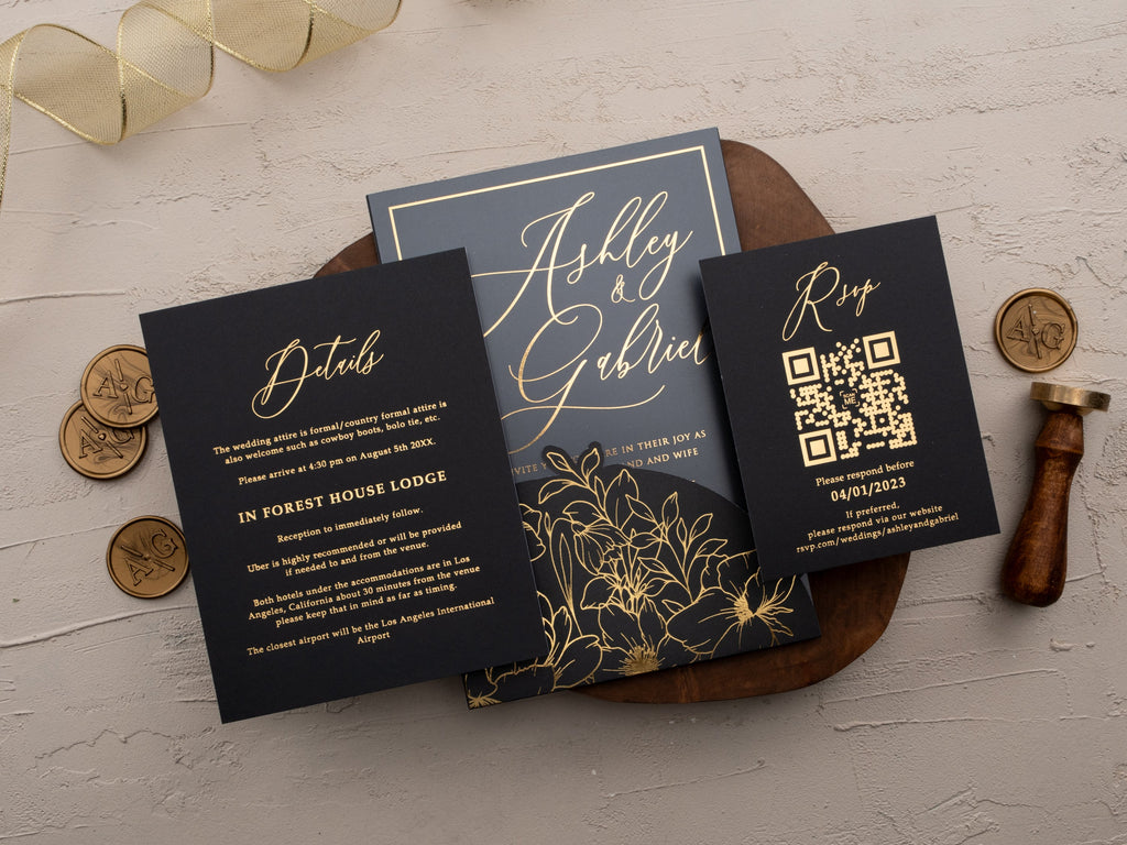 Black Acrylic Wedding Invitation with Gold Foil & Floral