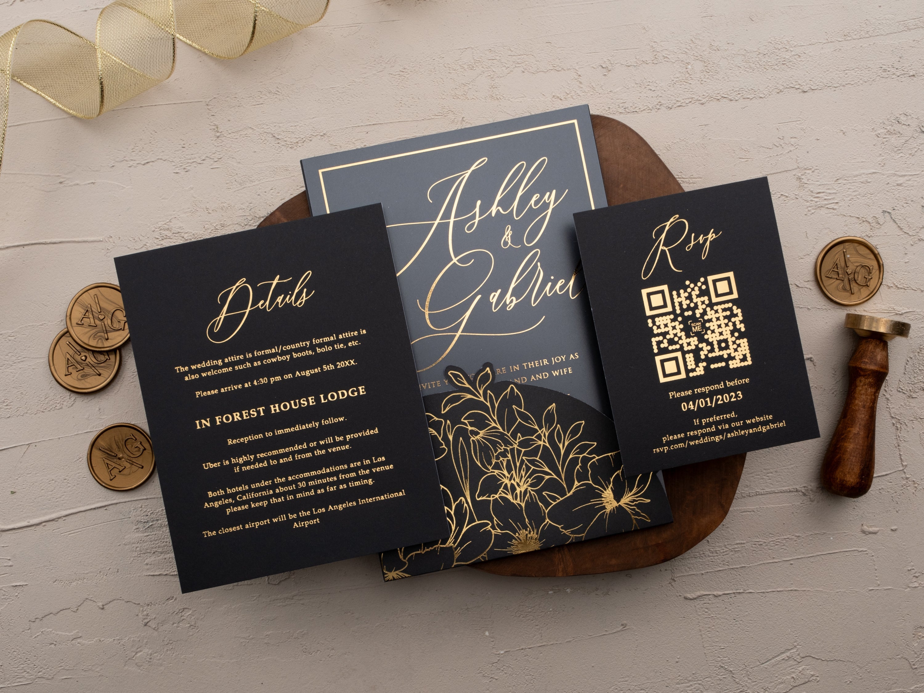 Black Acrylic Wedding Invitation with Gold Foil & Floral