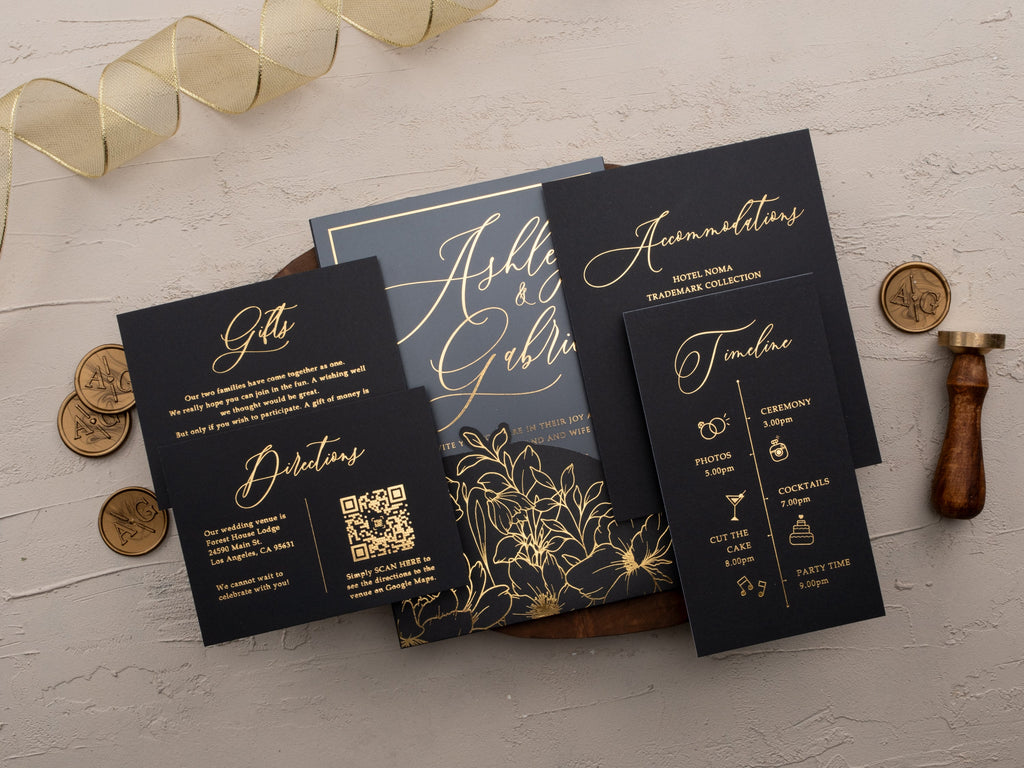 Black Acrylic Wedding Invitation with Gold Foil & Floral