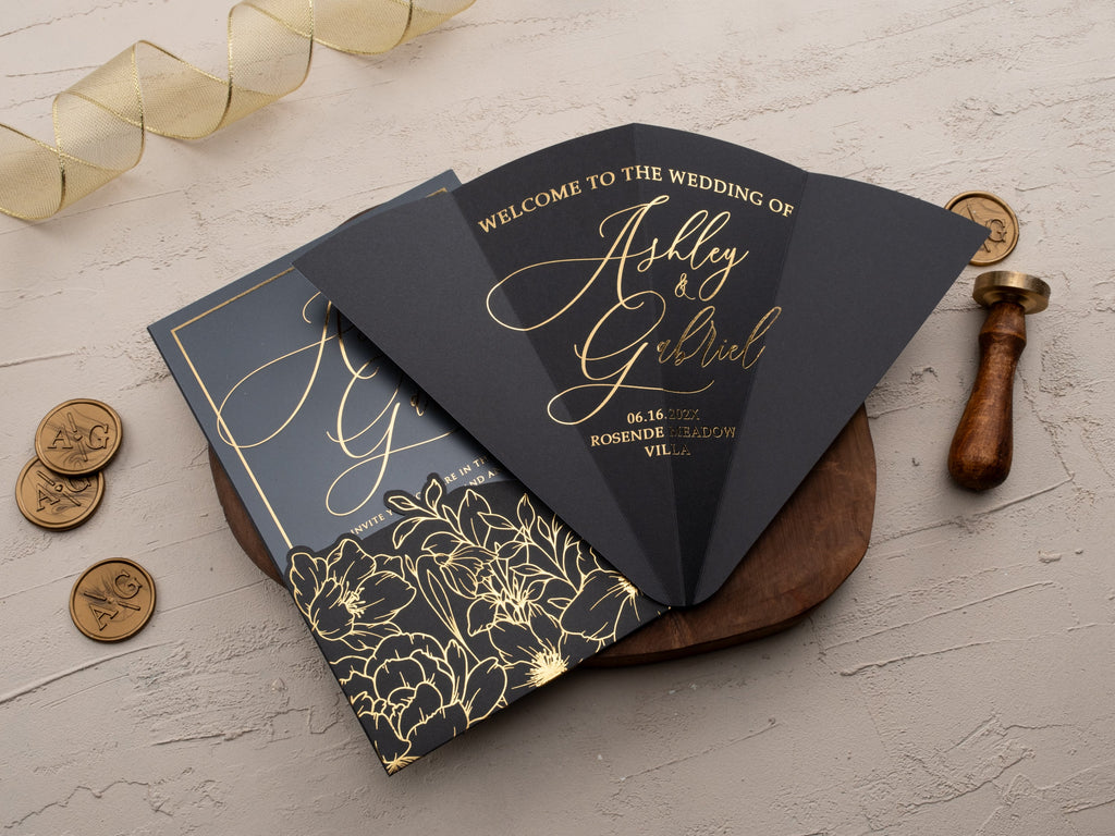 Black Acrylic Wedding Invitation with Gold Foil & Floral