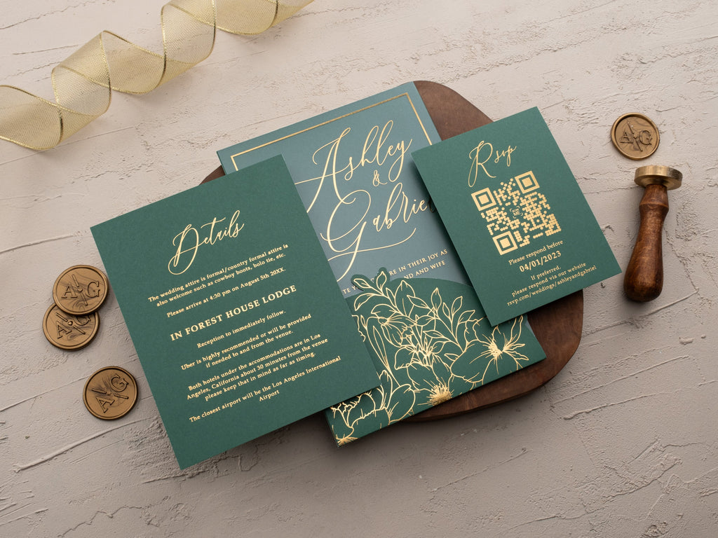 Emerald Green & Gold Acrylic Wedding Invitation with Sleeve