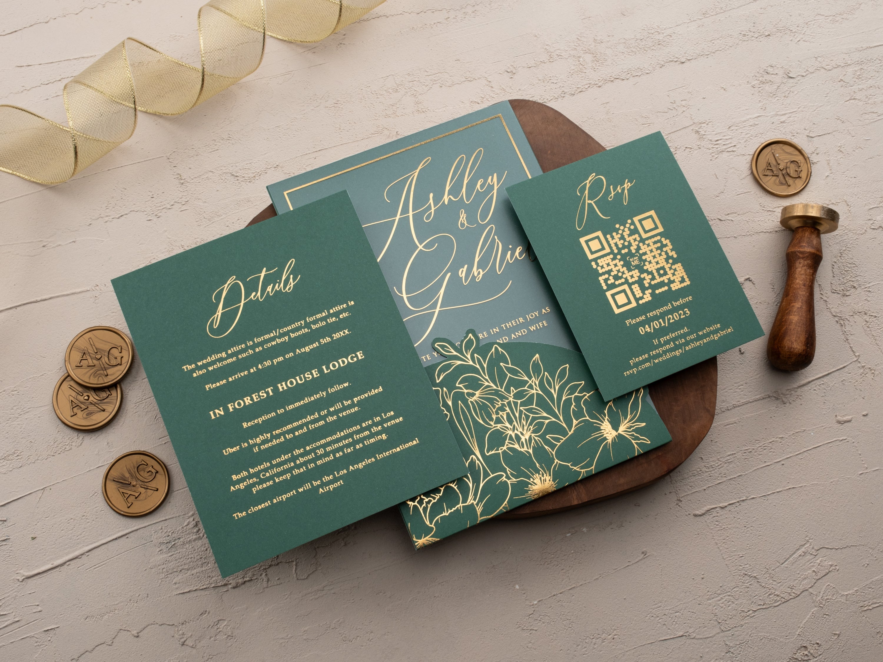 Emerald Green & Gold Acrylic Wedding Invitation with Sleeve