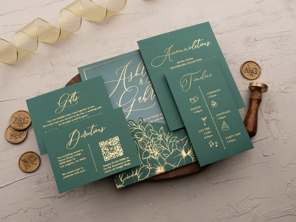 Emerald Green & Gold Acrylic Wedding Invitation with Sleeve