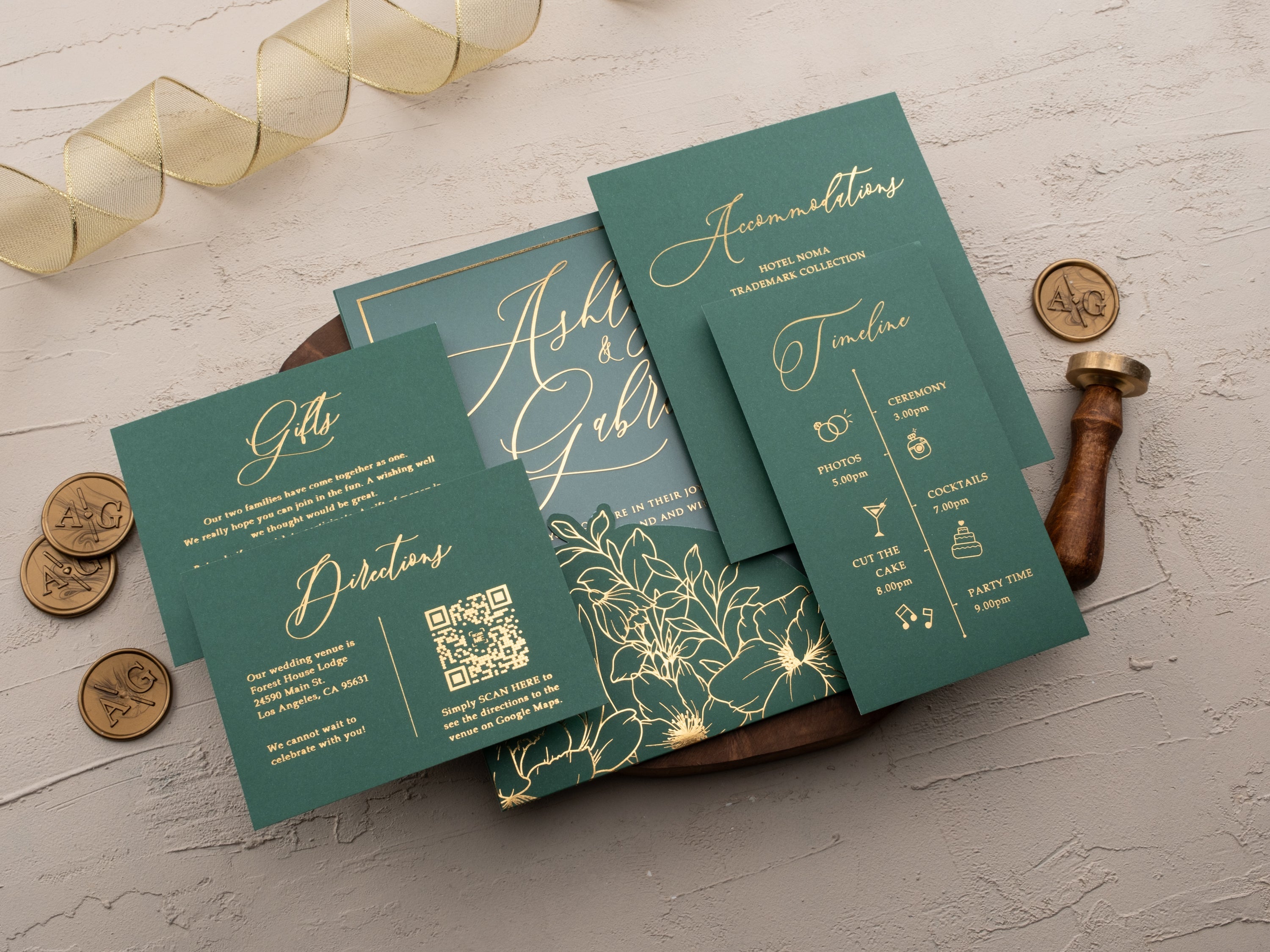Emerald Green & Gold Acrylic Wedding Invitation with Sleeve