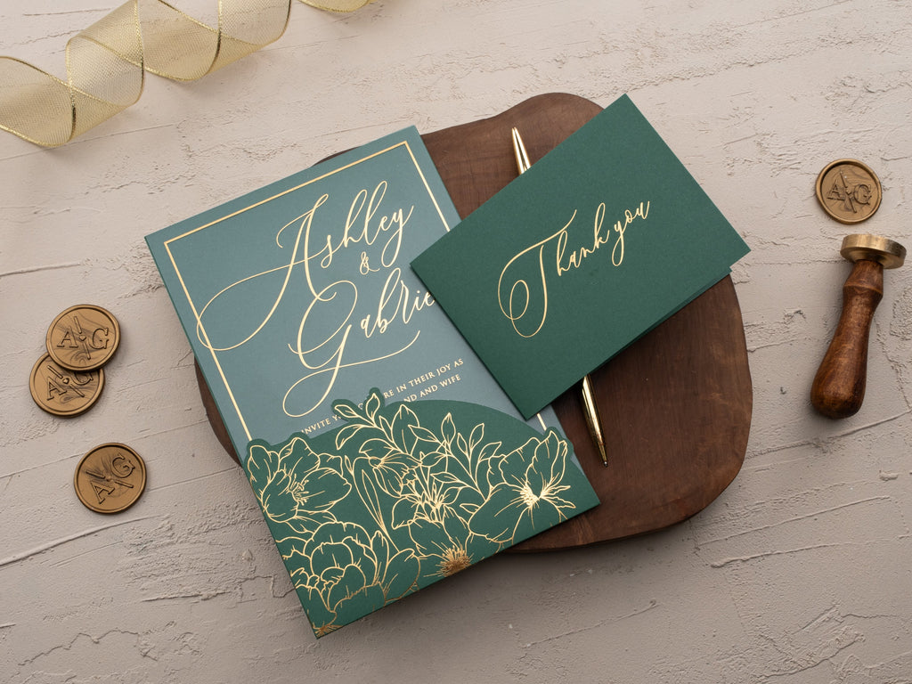Emerald Green & Gold Acrylic Wedding Invitation with Sleeve