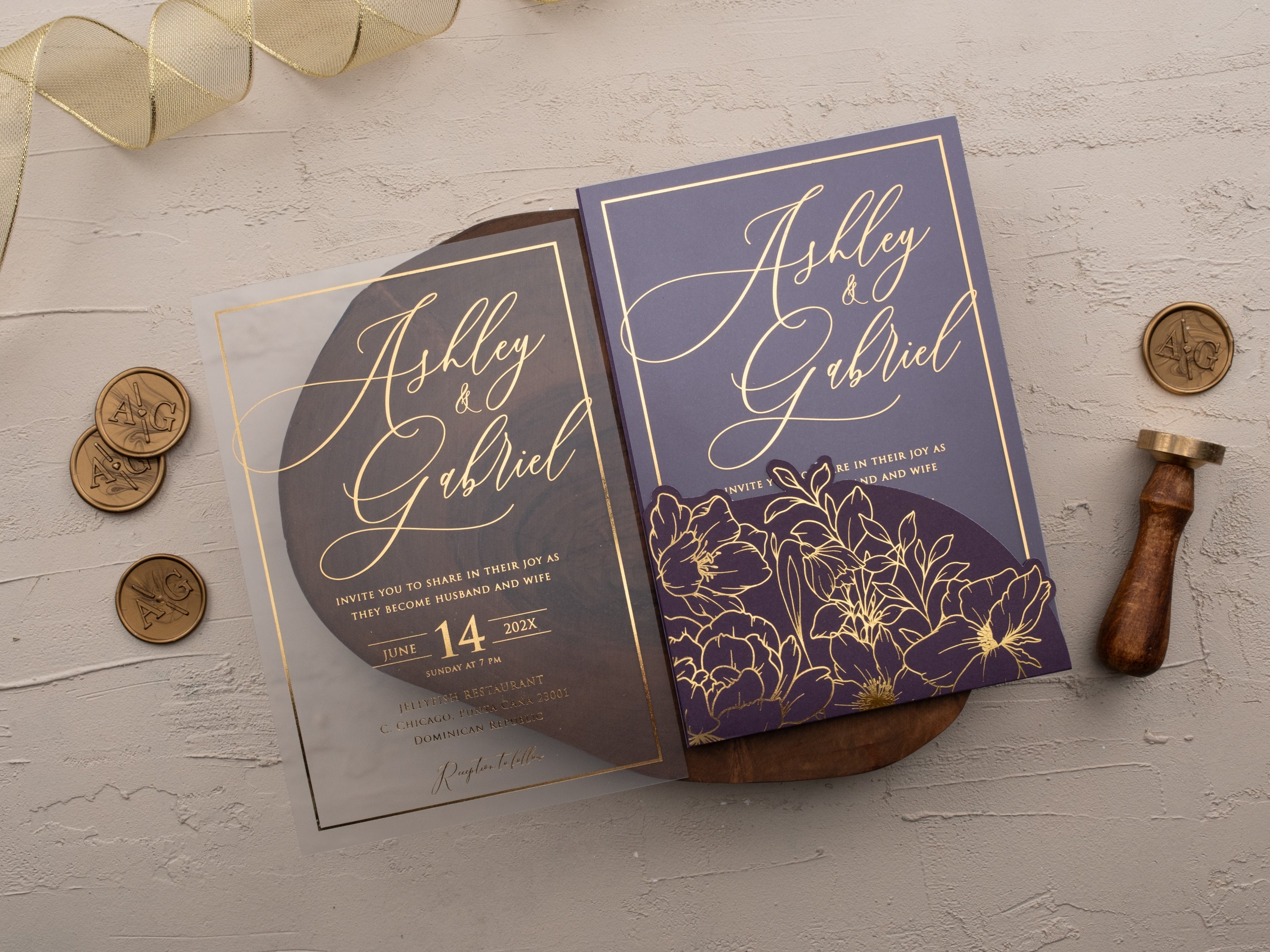 Purple & Gold Floral Acrylic Wedding Invitation | Sleeve Envelope Set