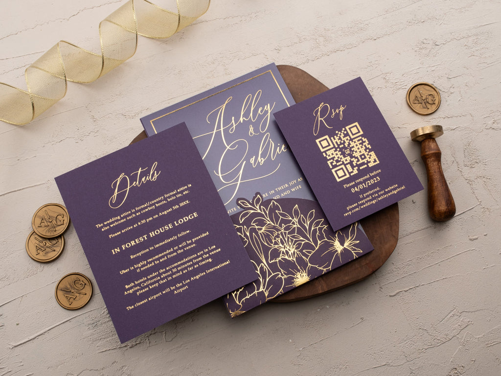 Purple & Gold Floral Acrylic Wedding Invitation | Sleeve Envelope Set