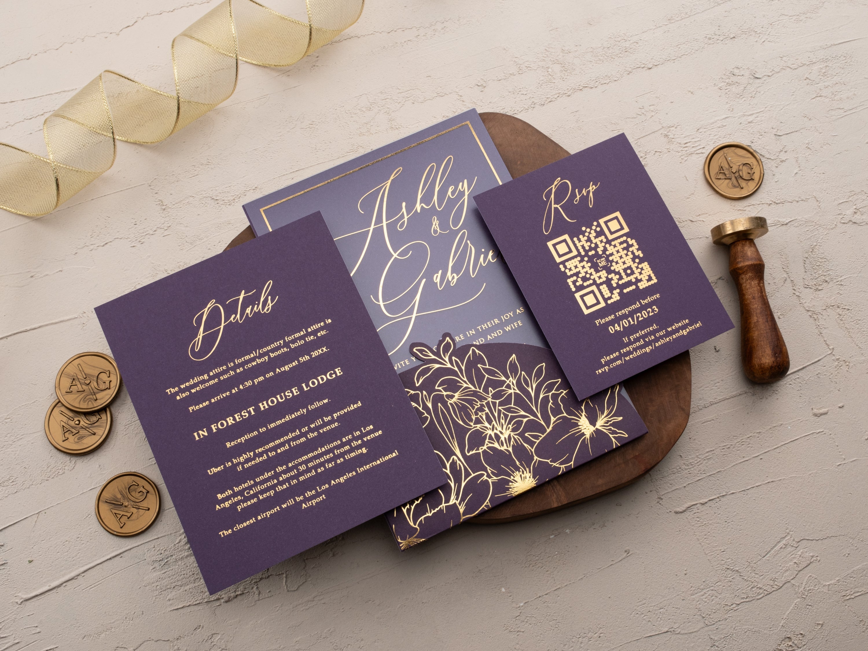 Purple & Gold Floral Acrylic Wedding Invitation | Sleeve Envelope Set