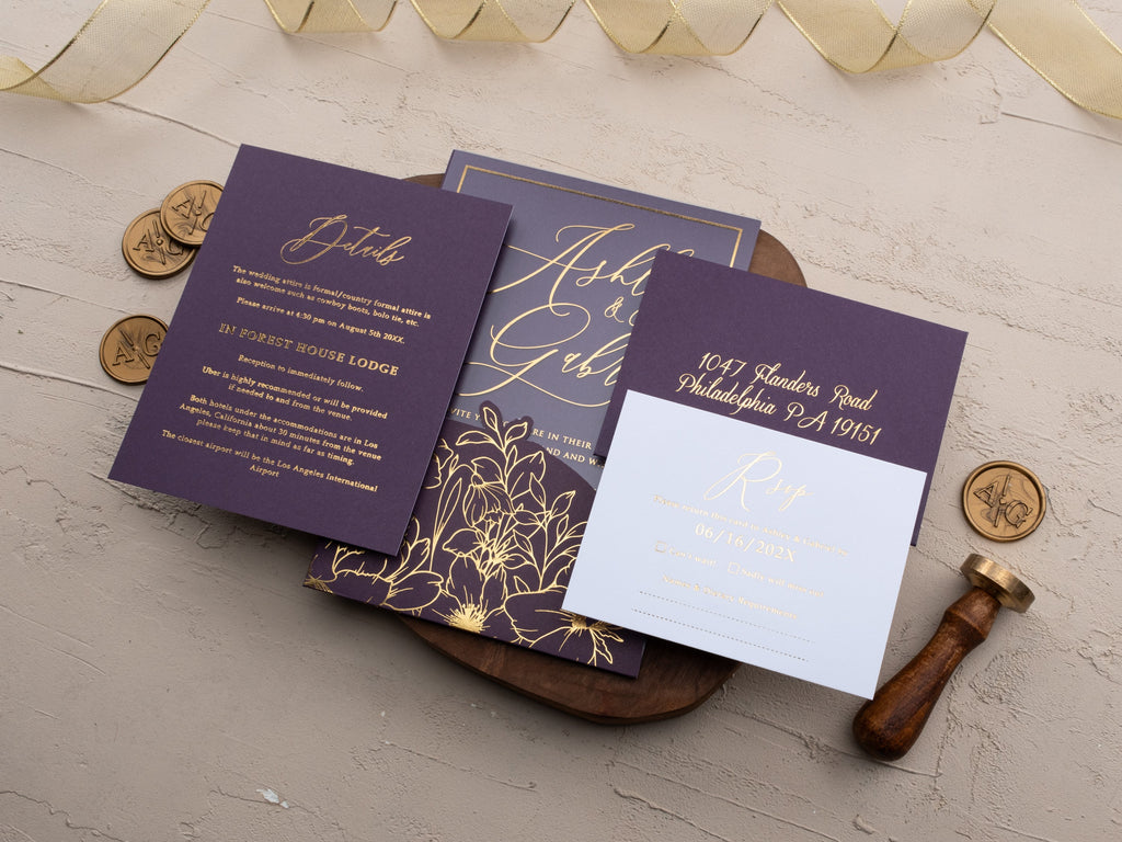 Purple & Gold Floral Acrylic Wedding Invitation | Sleeve Envelope Set