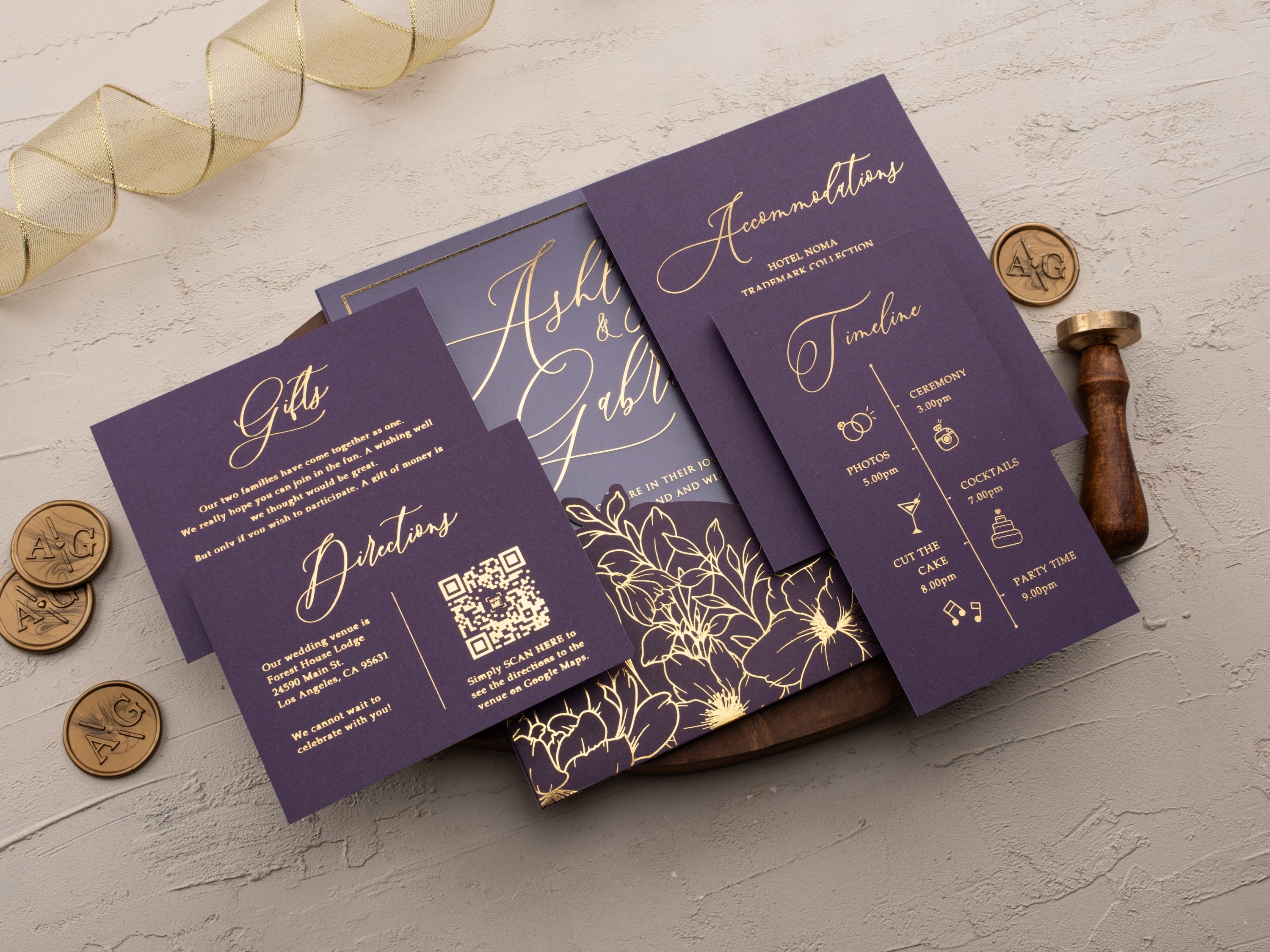 Purple & Gold Floral Acrylic Wedding Invitation | Sleeve Envelope Set