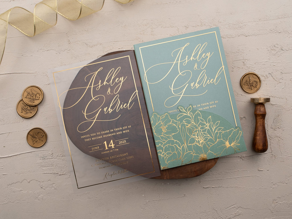 Sage Green Acrylic Invitation with Gold Foil Print