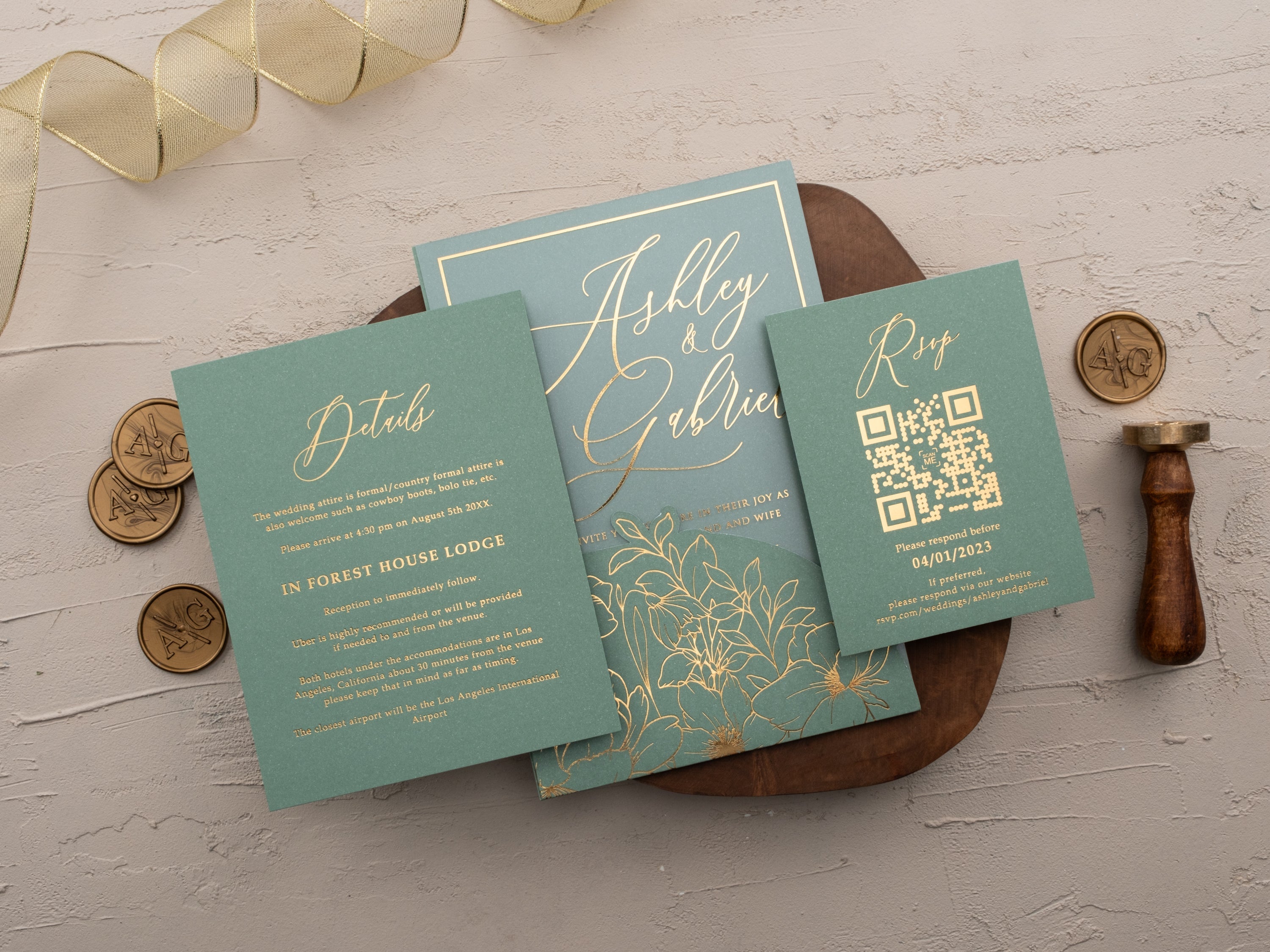 Sage Green Acrylic Invitation with Gold Foil Print