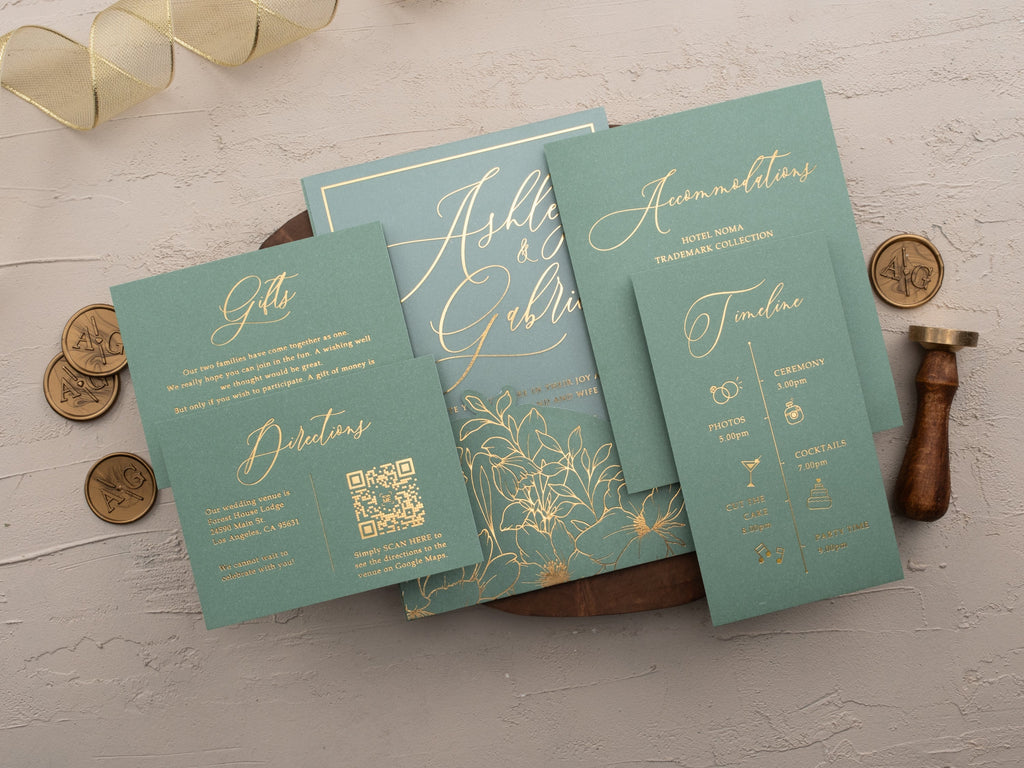 Sage Green Acrylic Invitation with Gold Foil Print